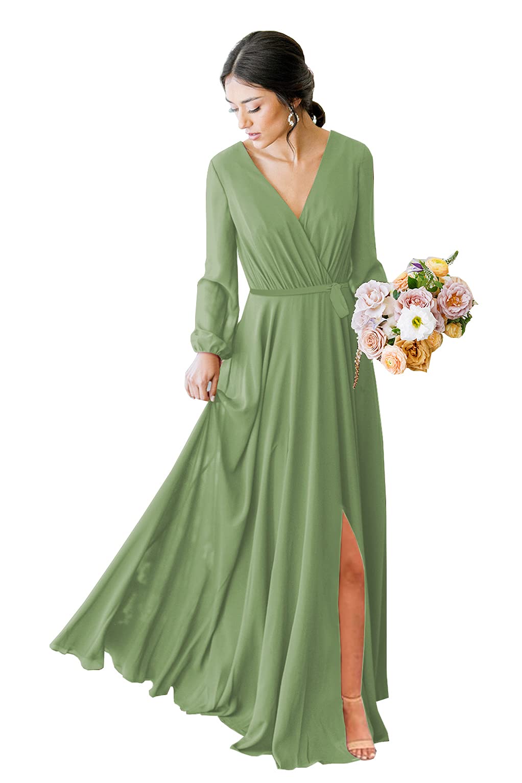 Elegant POMUYOO Women's V-Neck Long Sleeve Chiffon Bridesmaid Dress - Faux Wrap Formal Prom Gown with Side Slit | Perfect for Weddings, Parties & Special Occasions