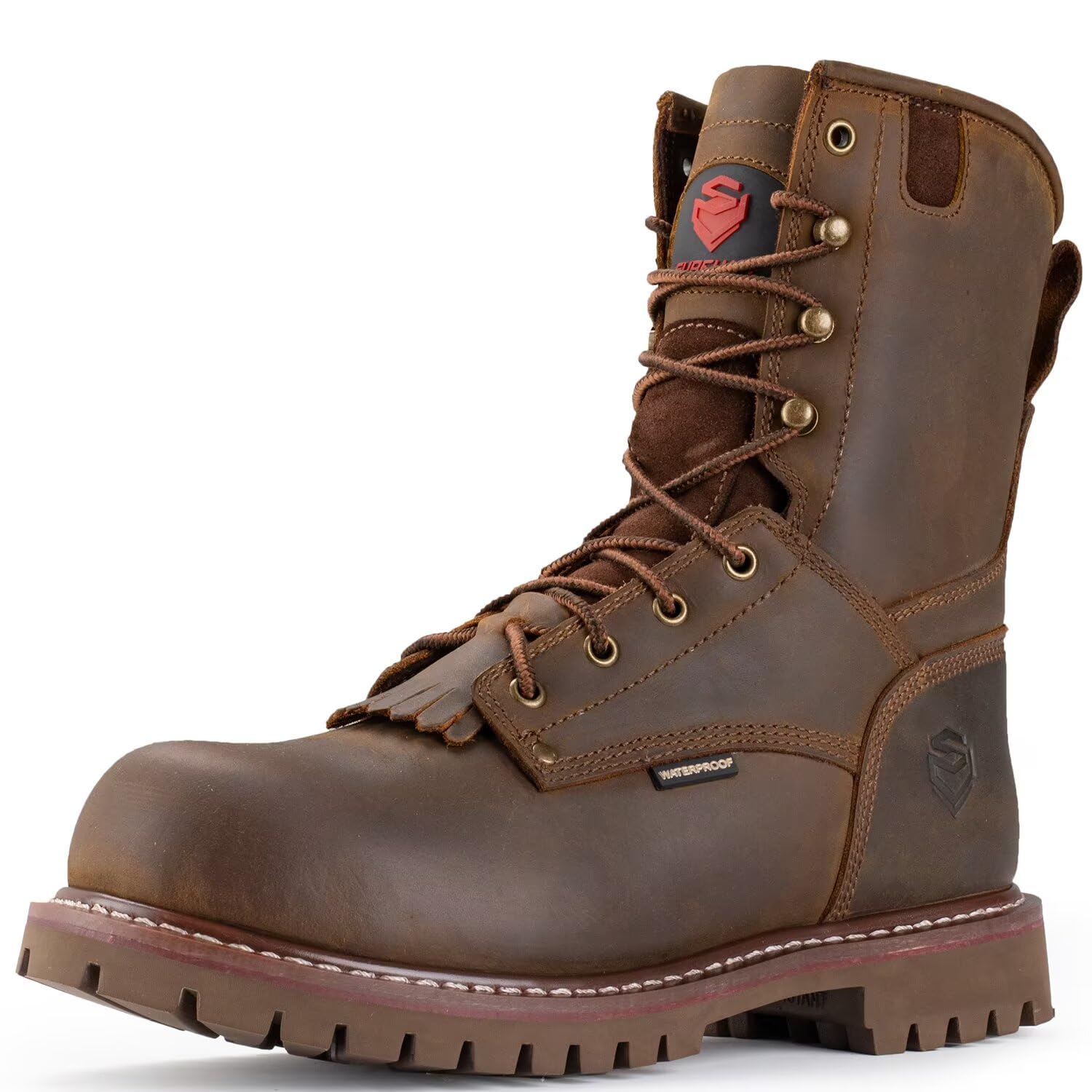 SUREWAY Men's 8 Inch Waterproof Steel Toe Work Boots - Oil & Slip Resistant, Thick Full Grain Leather, Wedge Rubber Sole, EH Rated - Ideal for Construction, Logging & Outdoor Work Safety