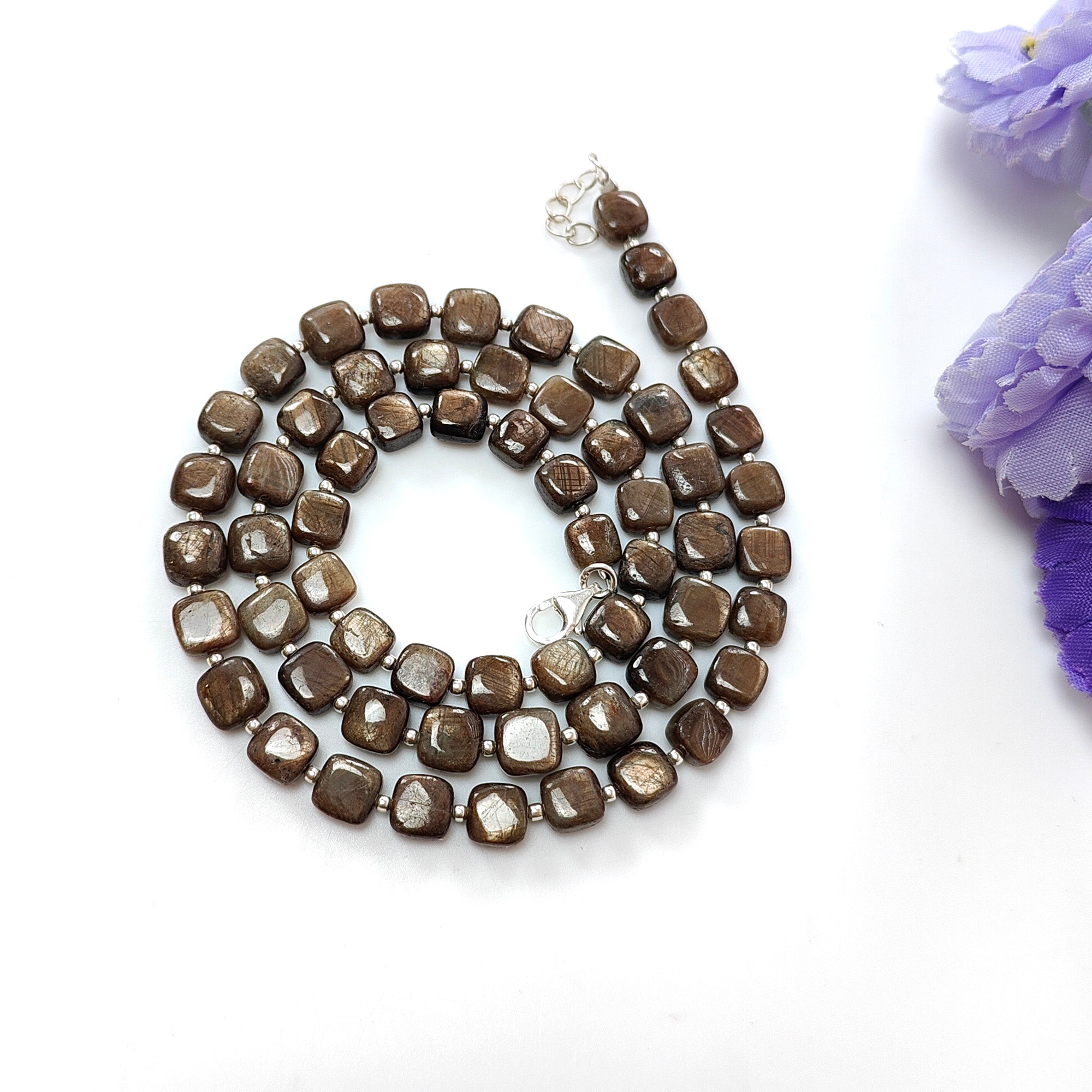 Golden Brown Chocolate Sapphire Gemstone Beads Necklace - 27.30g Natural Plain Cushion Briolette Sapphire 925 Sterling Silver 6mm 7mm 20