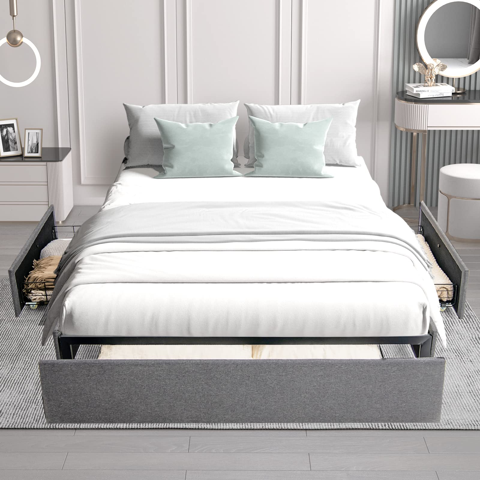 GOFLAME Full Size Platform Bed Frame with 3 Storage Drawers - Upholstered Wooden Slatted Bed, Modern Mattress Foundation with Faux Linen Fabric - No Box Spring Needed, Noise Free, Headboard-Free Design - Perfect for Small Bedrooms, Guest Rooms & Modern Apartments