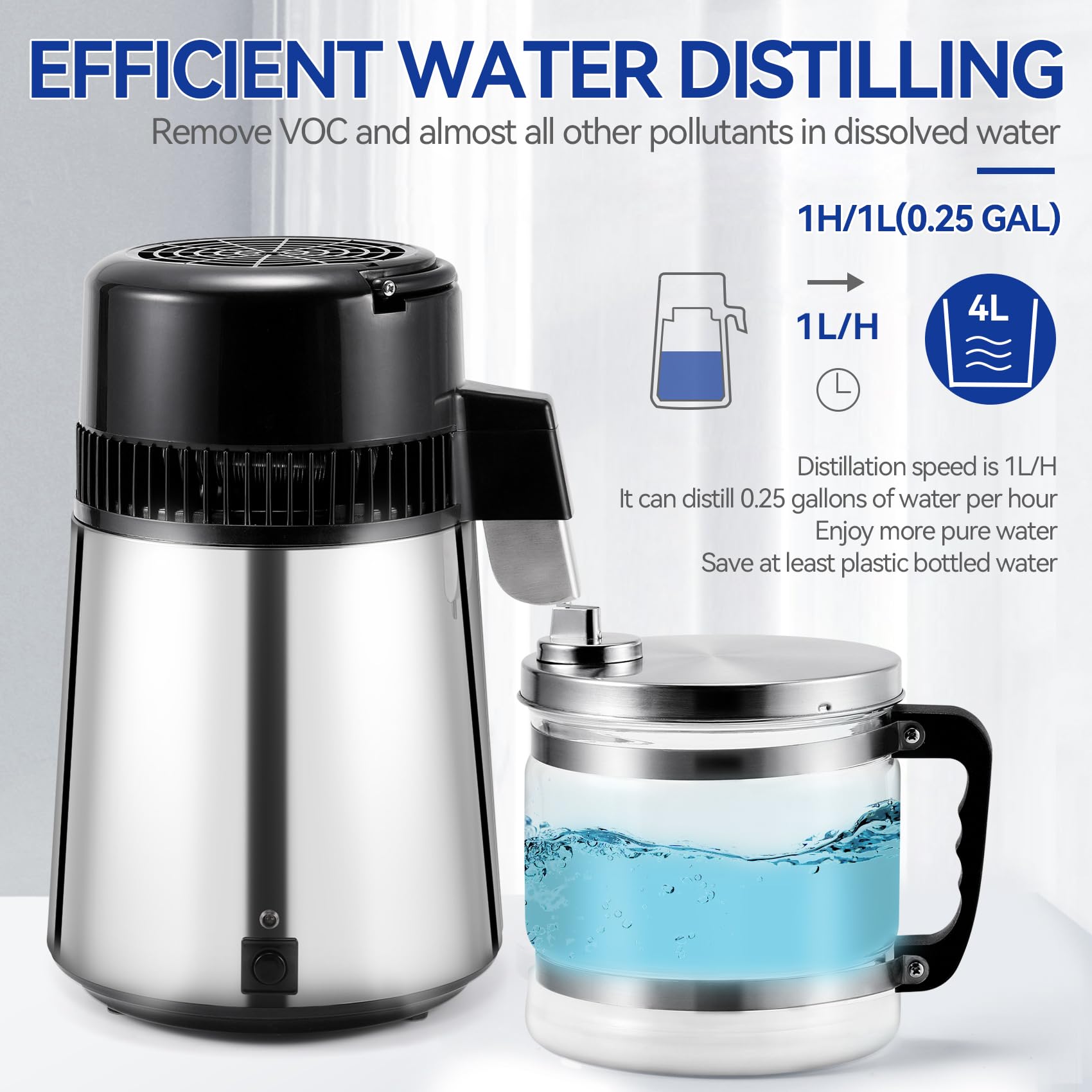 Annhua 4L 750W Stainless Steel Water Distiller with Glass Container - Pure Distilled Water Maker for Home, Lab, Office & Dental Clinic | Perfect for Drinking, Humidifiers, Medical Use & Baby Formula
