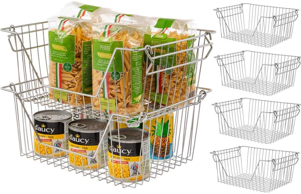 Stackable Chrome Wire Metal Baskets for Pantry, Freezer & Kitchen Organization - 4-Piece Set for Fruits, Vegetables & Food Storage | Perfect for Home, Office & Restaurant Use