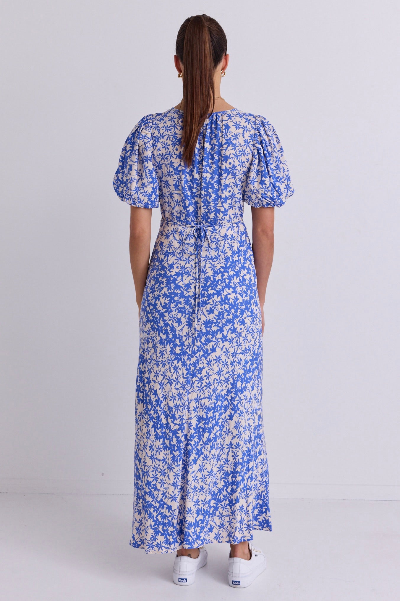 Astrid Blue Floral Puff Sleeve Bias Maxi Dress for Women | Summer Beach Wedding Guest Dress | Boho Chic Midi Dress for Vacation & Special Occasions