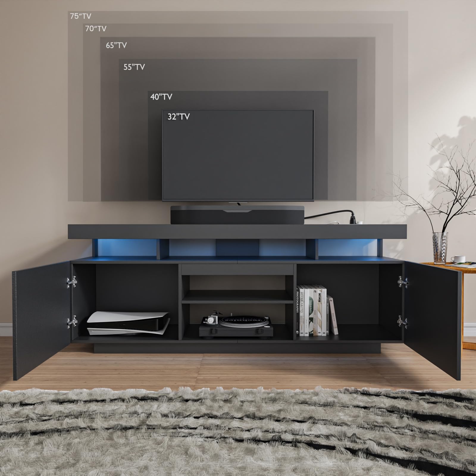 HOMMPA 75 Inch LED TV Stand - Modern Tall Entertainment Center with Power Outlets, High Gloss Black TV Console with Storage for Living Room & Bedroom - Perfect for Gaming & Media Storage - Fits 75/70/65/55 Inch TVs - Ideal for Home Theater & Family Entertainment Setup