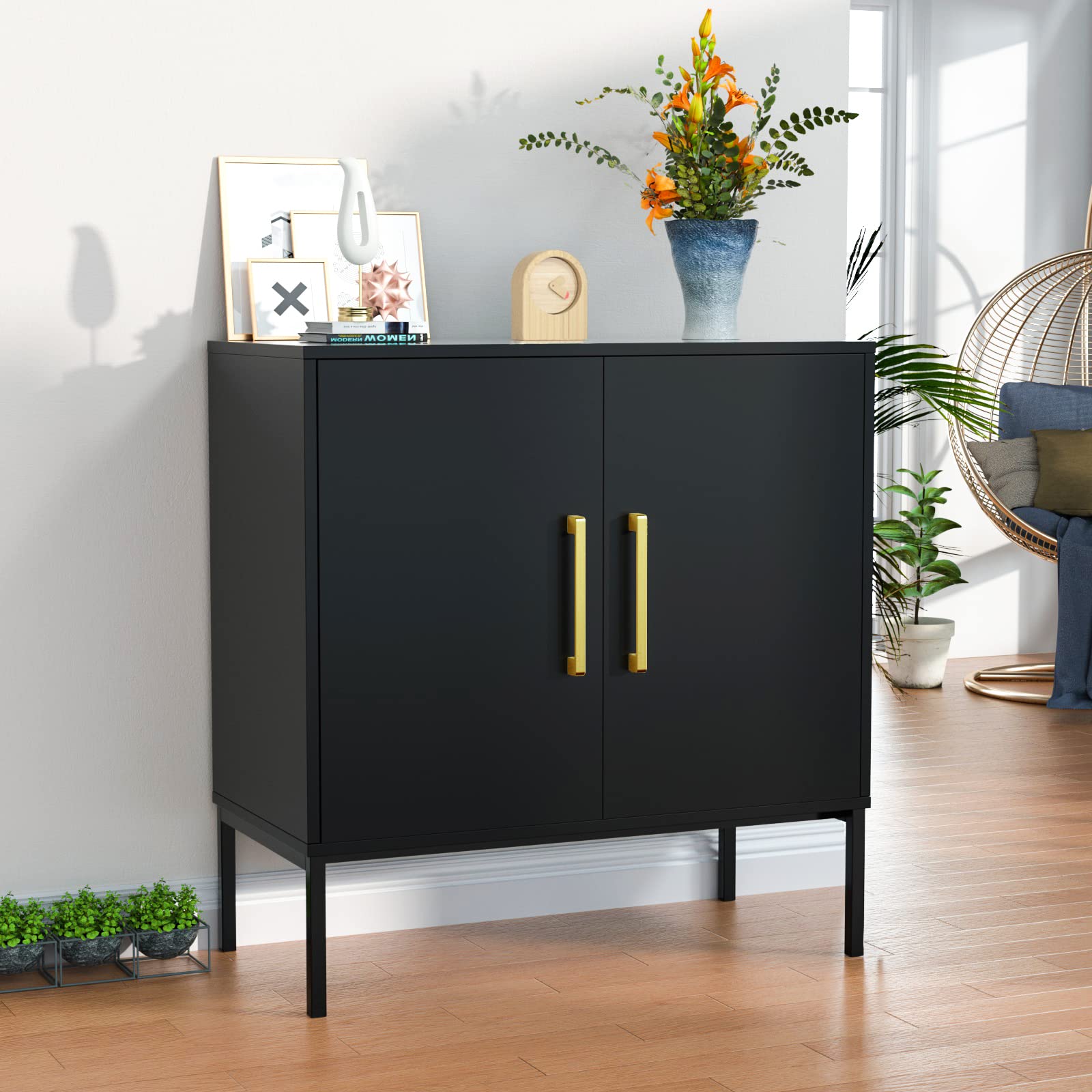 JOZZBY Modern Wooden Buffet Cabinet with Storage - 2-Door Free Standing Sideboard with Adjustable Shelves, Black Accent Cabinet for Living Room, Kitchen, Hallway - Perfect for Dining Room Storage, Entryway Organization & Home Decor