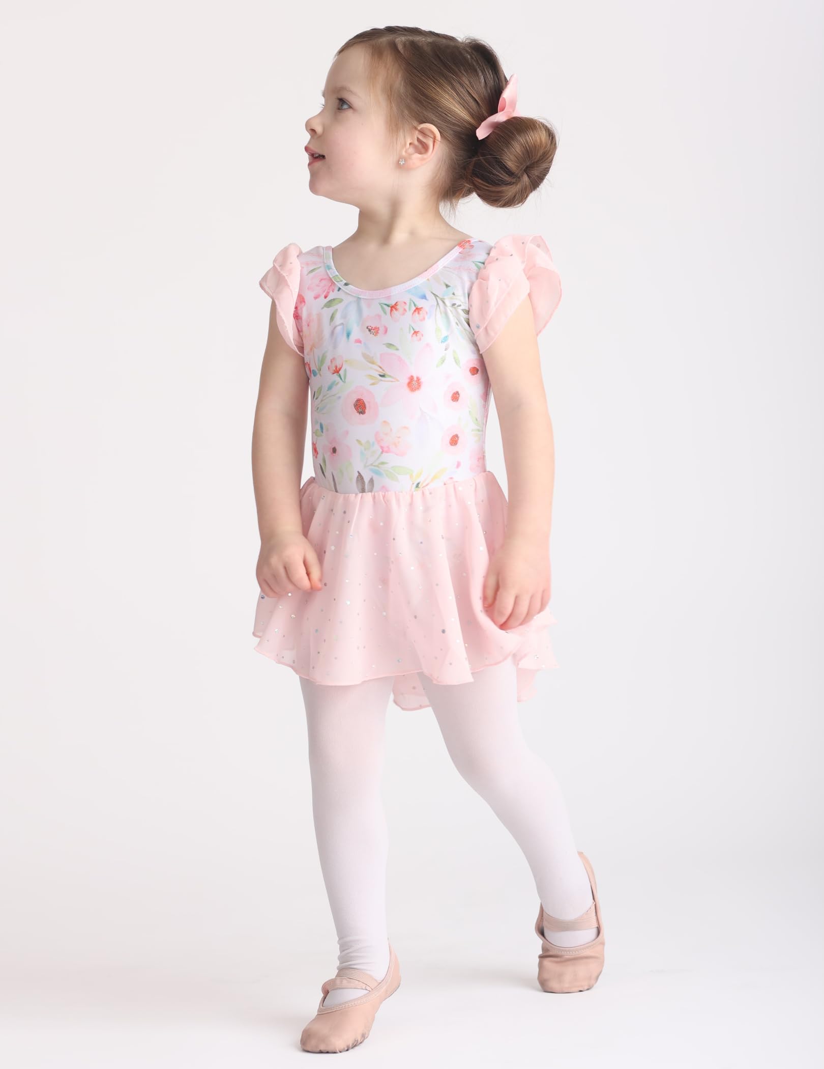 Arshiner Girls Ballet Leotard with Skirt - Shiny Ruffle Sleeve Dance Dress with Criss-Cross Back for Ballet, Jazz, Recital & Performance (Toddler to Kids)