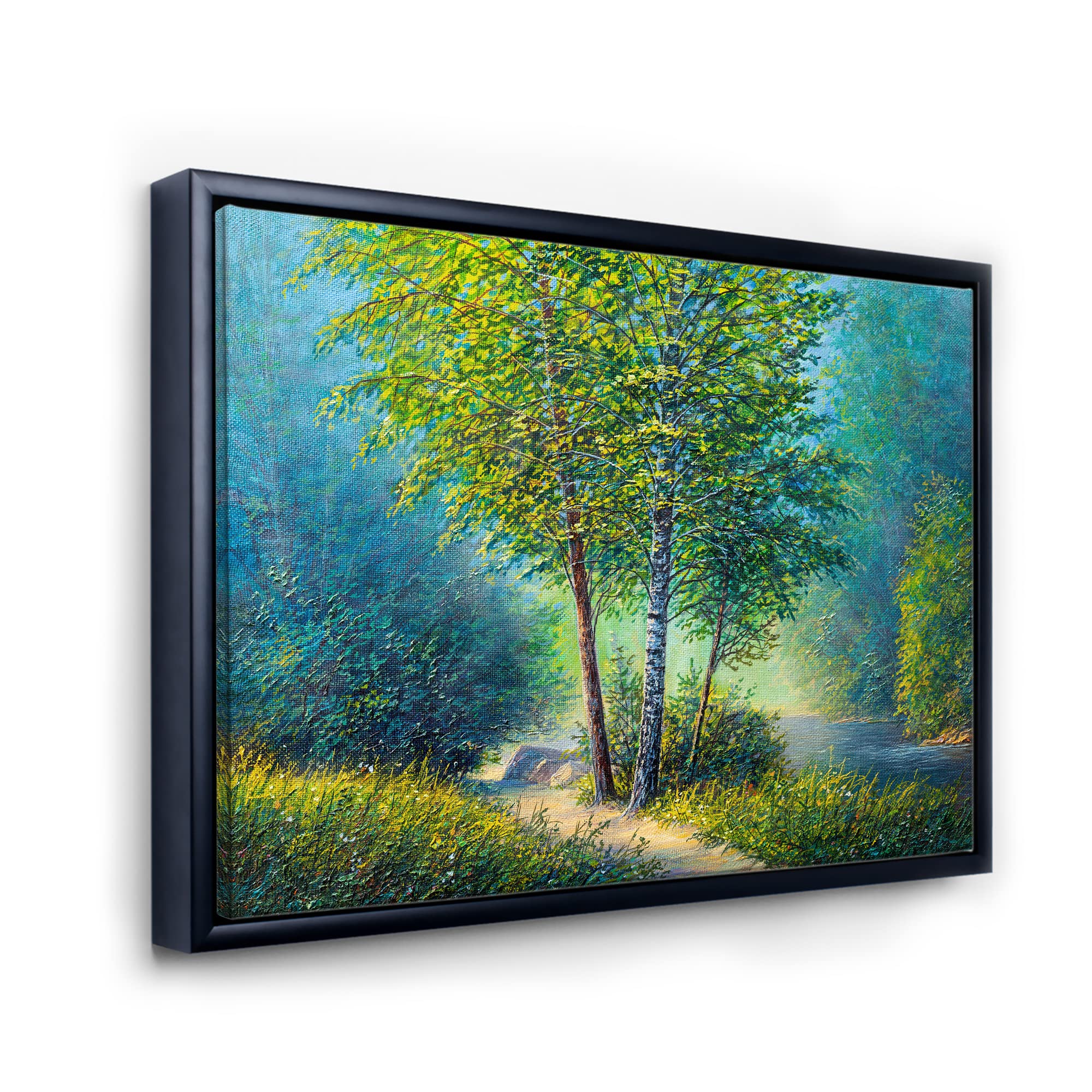 DesignQ Three Vibrant Trees By The River - Lake House Framed Canvas Wall Art Print for Living Room, Bedroom & Office Decor | Nature Landscape Painting | Ready to Hang Home Wall Decor