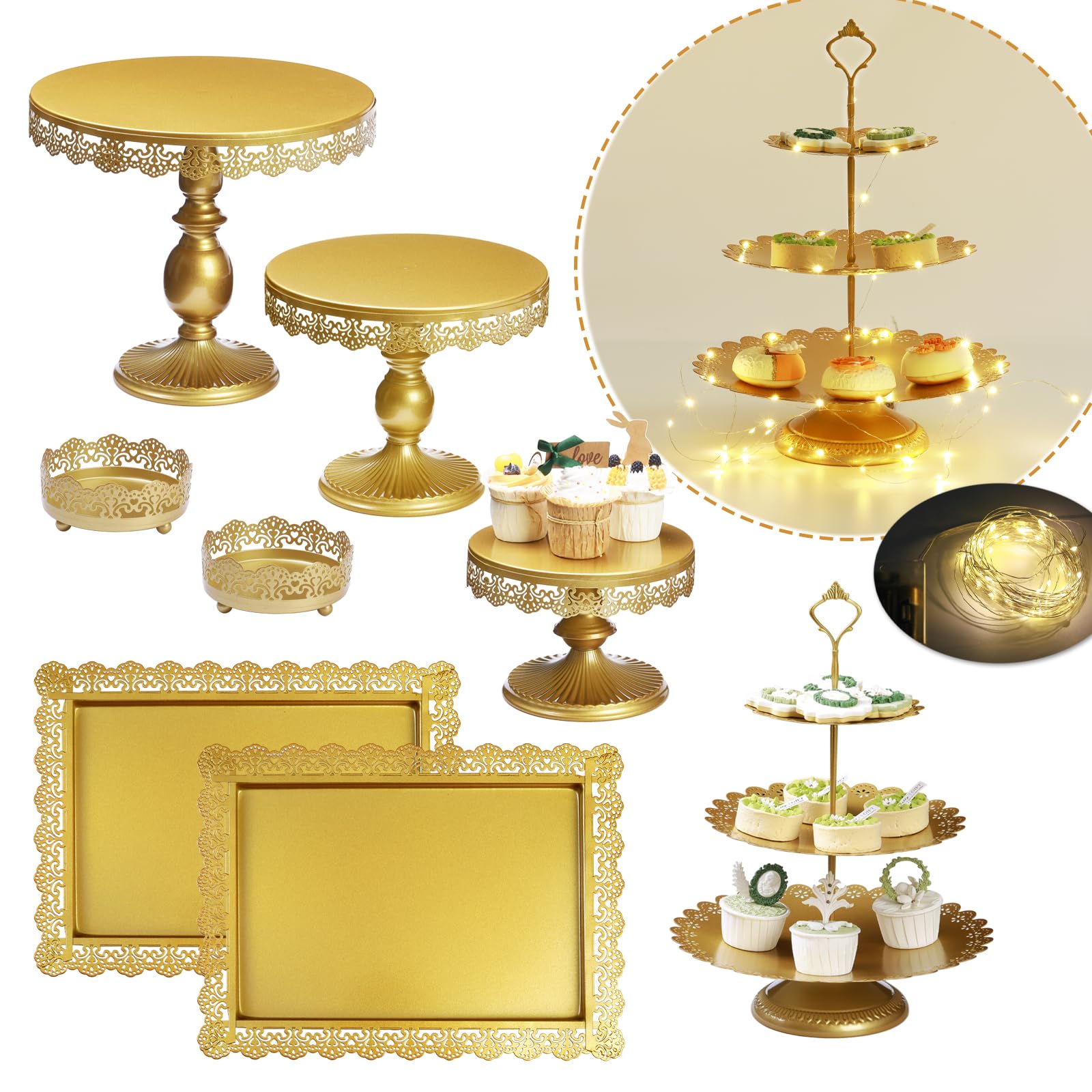 8-Piece Gold Cake Stand Set - Round Metal Cupcake Stands, Cookie & Dessert Display Plates, Serving Trays for Birthday, Baby Shower, Wedding Decor | Perfect for Party Buffets, Dessert Tables & Event Centerpieces