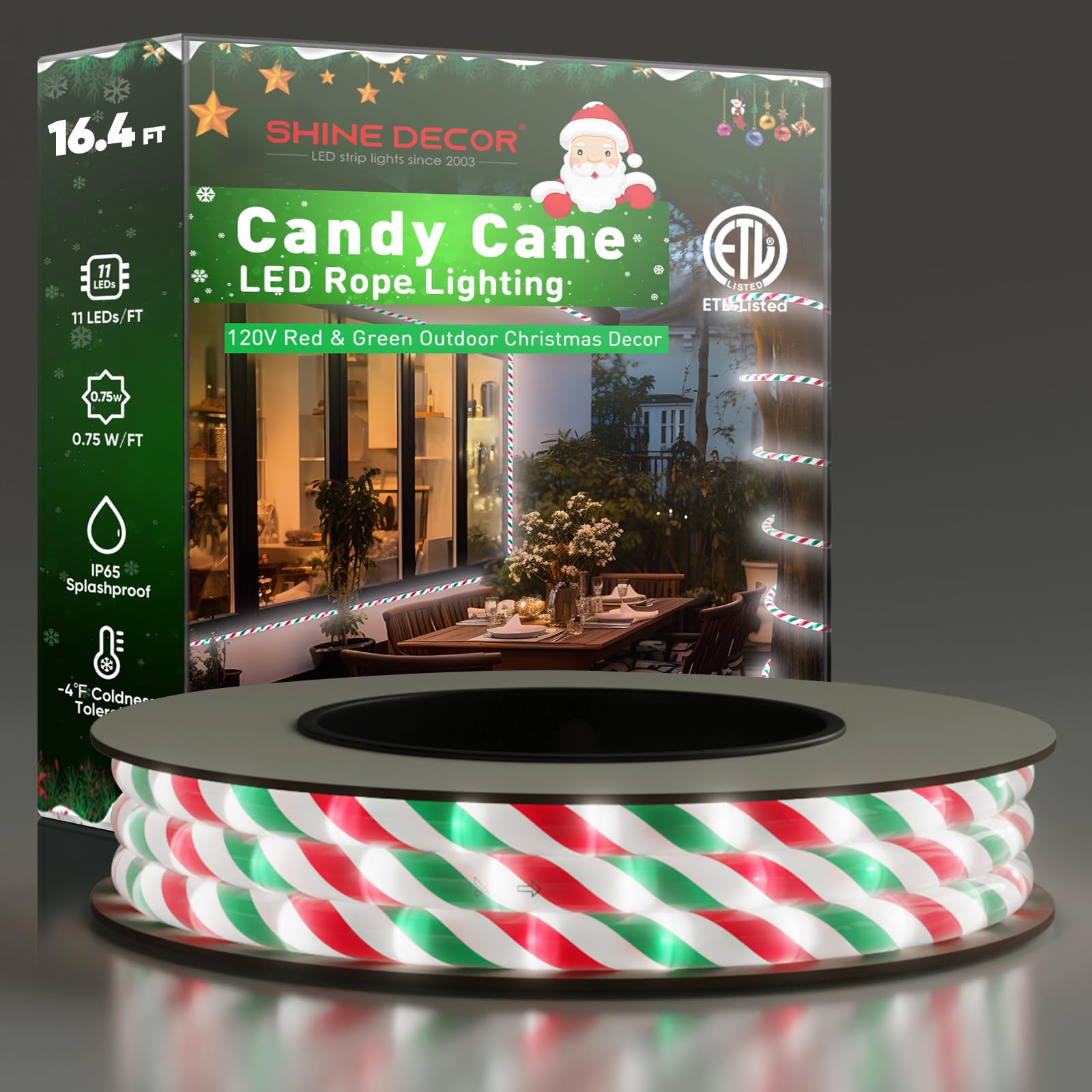 Shine Decor Candy Cane LED Rope Light - 16.4FT Christmas Outdoor Lighting, IP65 Waterproof & Cold Resistant (-4°F), Extendable up to 164FT, ETL Listed Cool White Red Green Spiral Strip Lights 120V - Perfect for Holiday Decorations, Patio, Garden, and Roof Lighting
