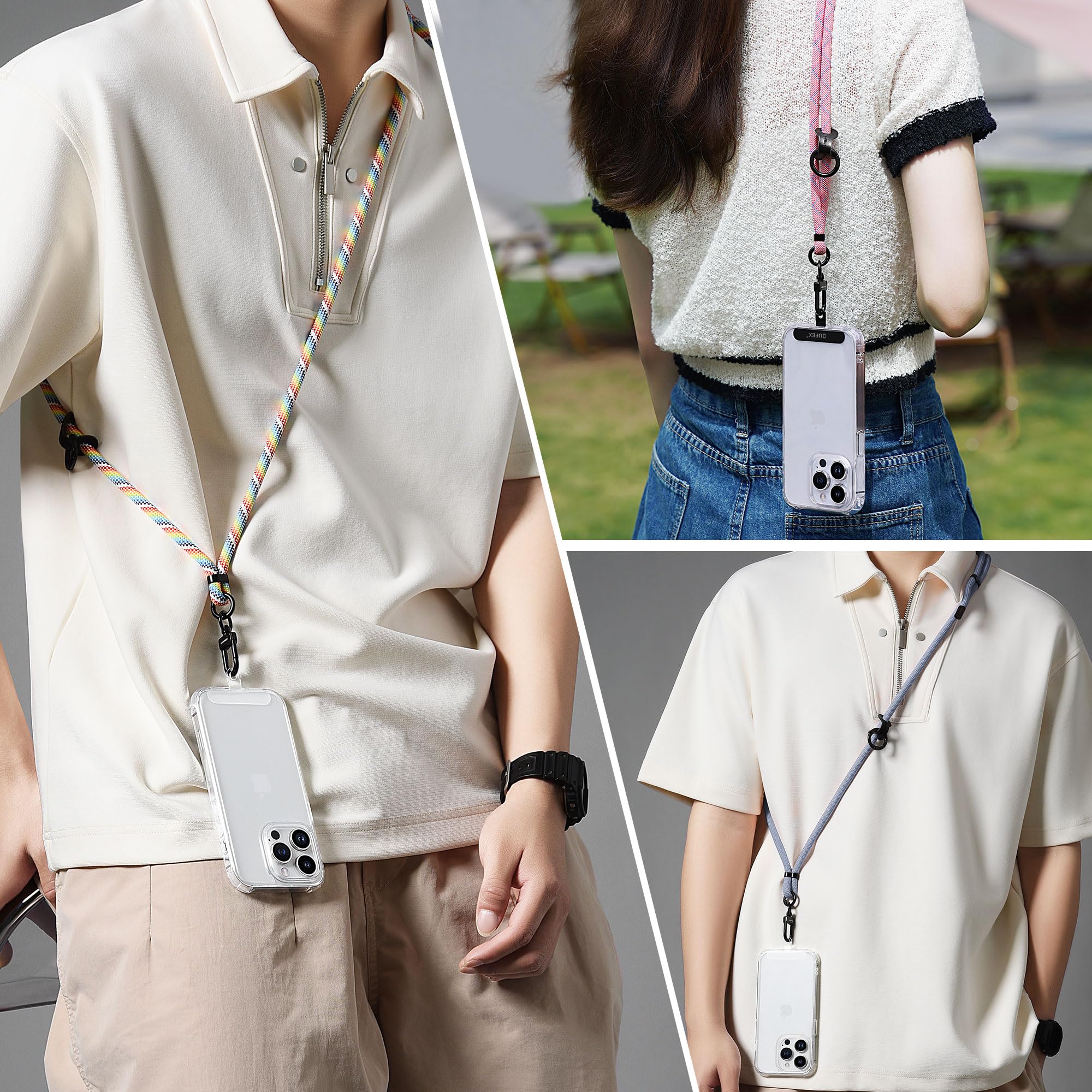 Universal Adjustable Woven Cell Phone Lanyard - Crossbody Neck Strap with 2 Phone Patches | Compatible with iPhone, Samsung & Most Smartphones (Beige) | Hands-Free for Travel, Work & Outdoor Activities