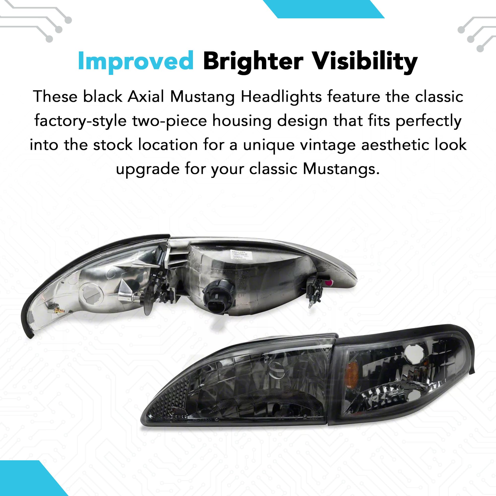 Black Axial Cobra Style Headlights for 1994-1998 Ford Mustang | Classic Muscle Car Lighting Upgrade | Perfect for Night Driving & Car Shows