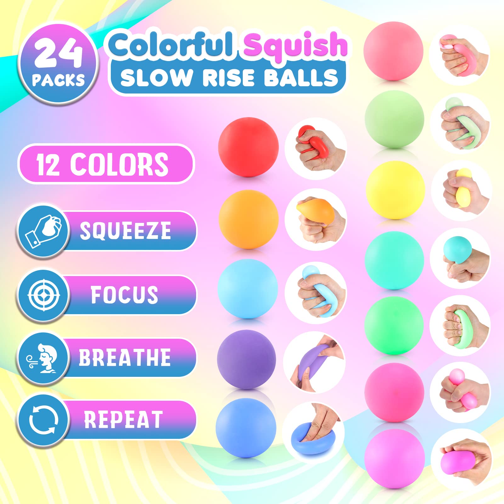 24 Pack Slow Rising Stress Balls - Stretchy Fidget Toys for Anxiety Relief & Hand Therapy | Sensory Squishy Stress Relief Balls for Students, Office Workers & Classroom Prizes | Perfect for Stress Management, Focus Improvement and Sensory Play