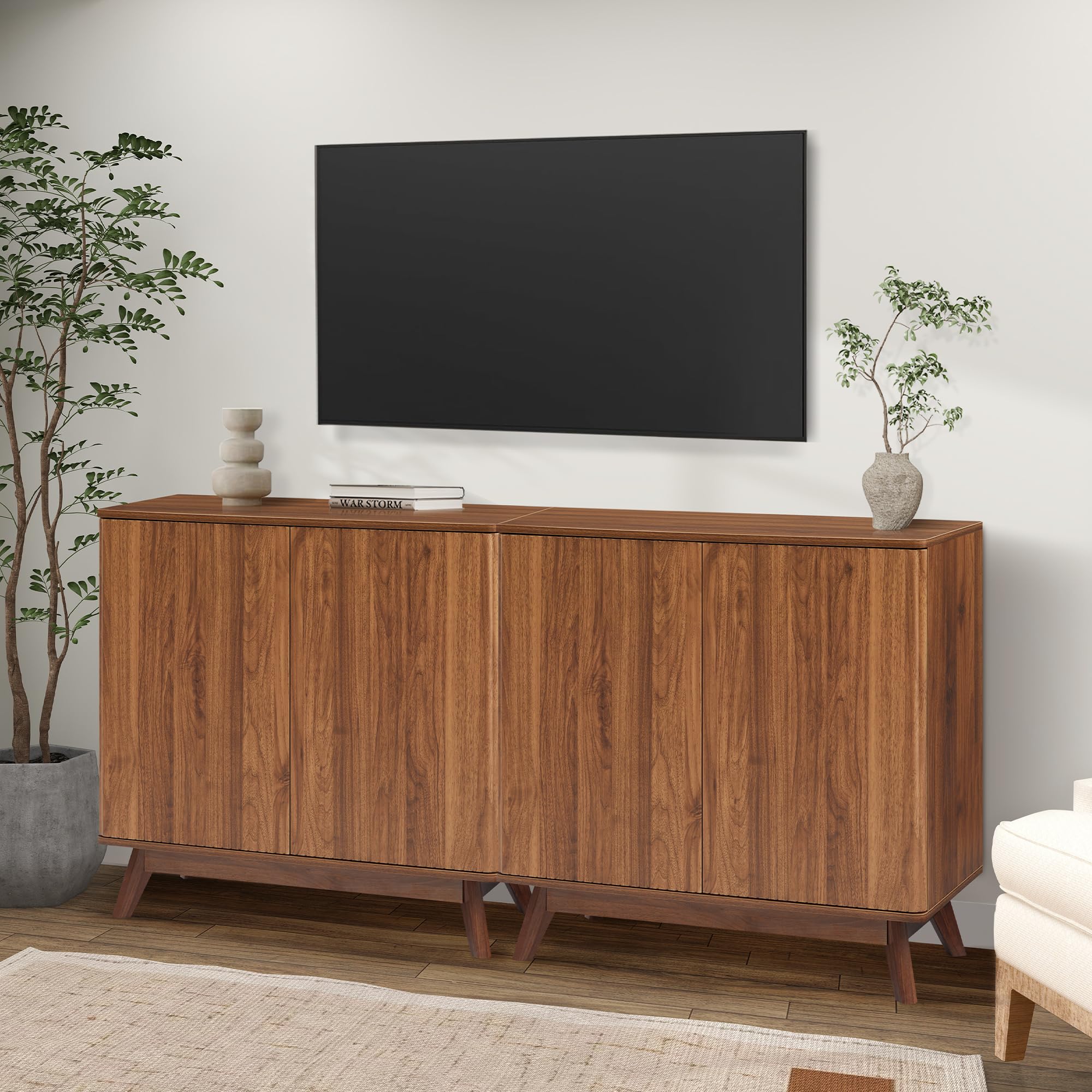 Mid Century Walnut Sideboard Cabinet - Farmhouse Fluted Credenza with 2 Doors for Kitchen, Dining Room, Office & Living Room Storage | Perfect for TV Stand, Coffee Buffet & Entryway Organizer