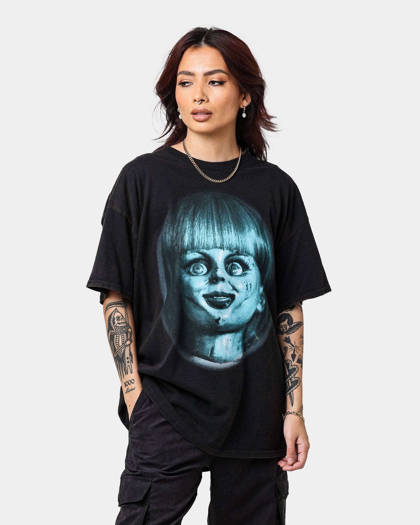 Vintage Annabelle Doll T-Shirt - Black Wash - American Thrift Style - Perfect for Halloween Costumes & Horror Movie Fans