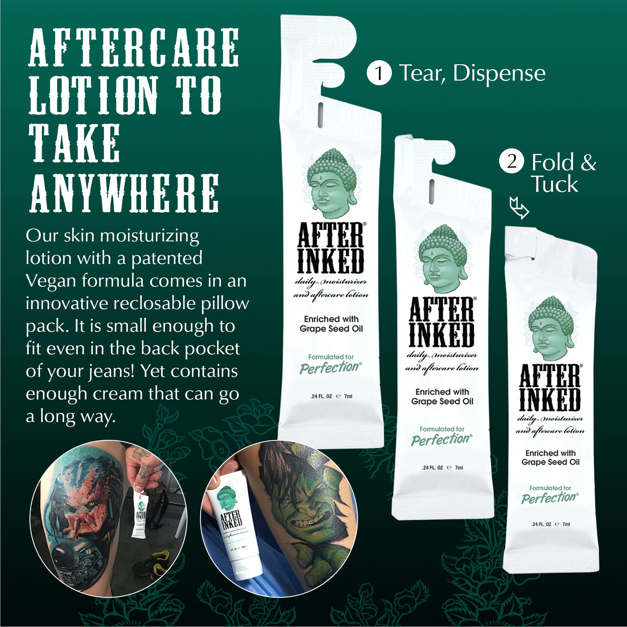 After Inked Tattoo Aftercare Lotion - Moisturizing Balm with Grape Seed Oil, Hydrating Cream for Skin Nourishment & Daily Tattoo Maintenance (100-Pack, 7ml) | As Seen on INK MASTER | Perfect for New Tattoos, Dry Skin & Tattoo Aftercare Routine