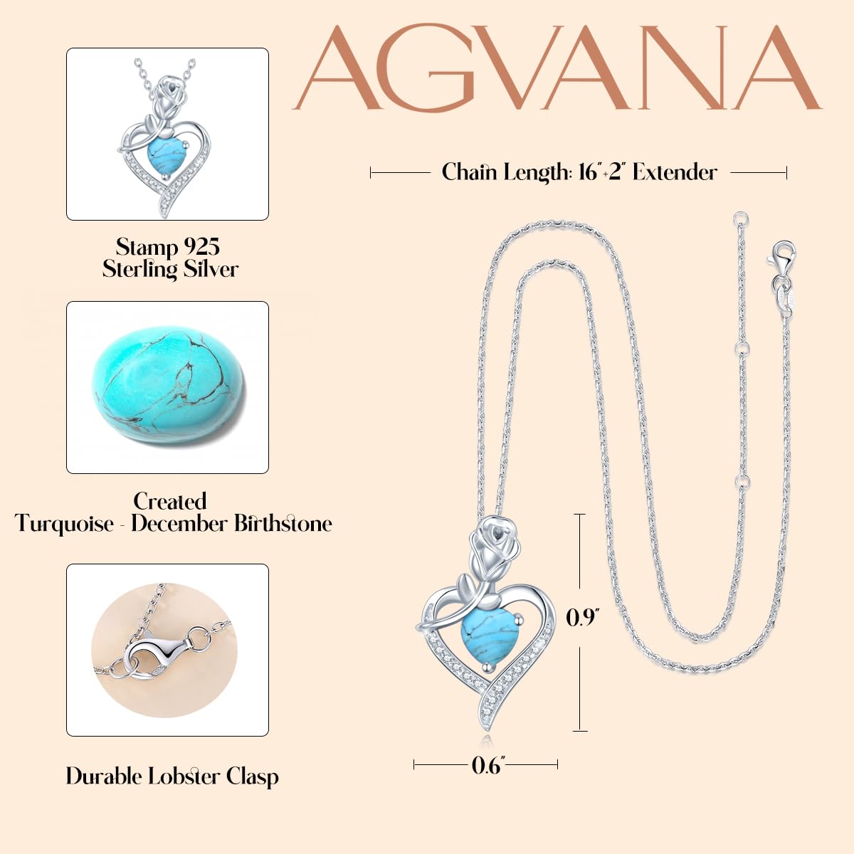 **AGVANA December Birthstone Turquoise Necklace & Bracelet Set for Women - Sterling Silver CZ Rose Flower Heart Pendant - Perfect Mothers Day Gifts, Anniversary & Birthday Presents for Her - Ideal for Casual Wear, Date Nights & Special Occasions**