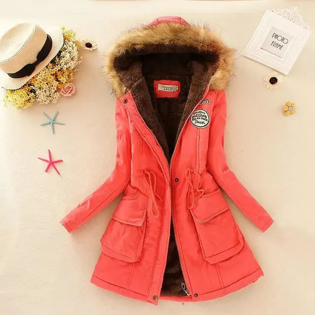 Women's Cotton Padded Jacket - Slim Fit Embroidered Hooded Parka for Autumn & Winter | Warm Quilted Overcoat for Casual Wear & Outdoor Activities