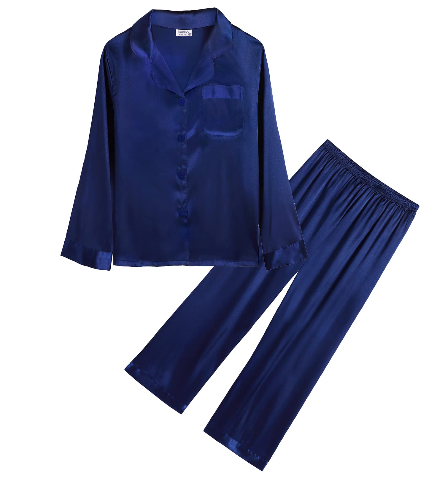 SWOMOG Kids Silk Satin Pajama Set for Girls & Boys - Button Down Long Sleeve Sleepwear, 2-Piece Pajama Set in White - Perfect for Bedtime, Lounging & Family Matching Outfits