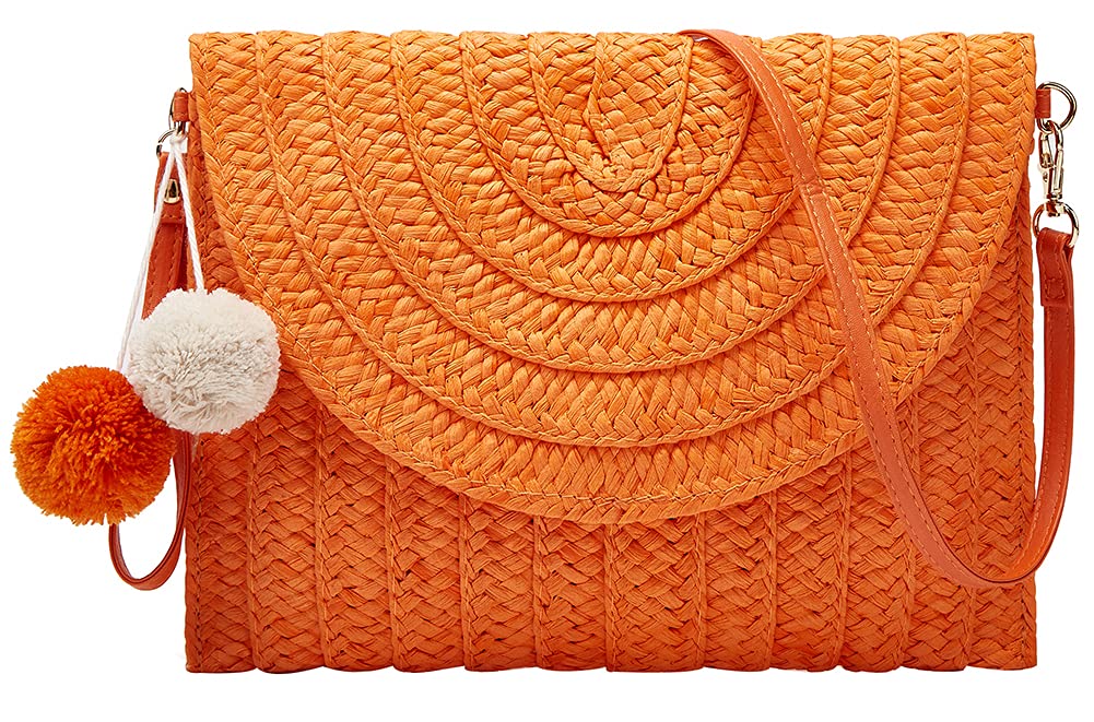 Hand-Woven Straw Clutch with PomPom - Women's Crossbody Bag for Summer, Beach, and Travel | Boho Envelope Purse & Wallet for Casual Outings and Vacations