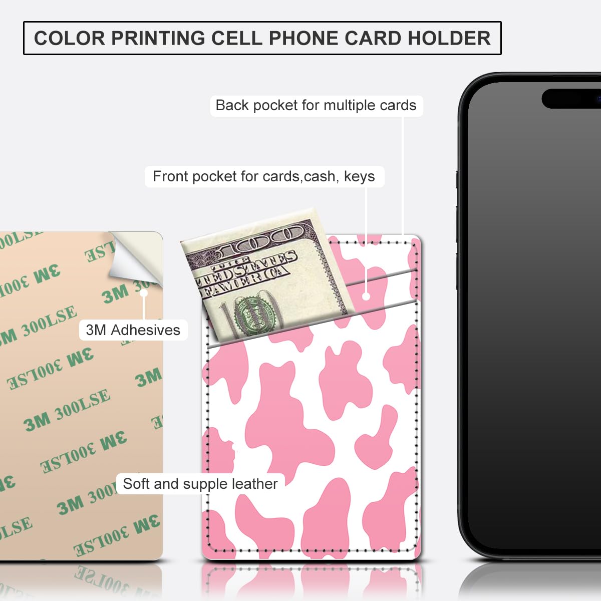 Leather Card Holder for Phone Case - Wallet Sleeve with Dual Pockets for Credit Cards & ID - Stick-on Design Fits Most Smartphones - Pink Cow Print - Perfect for Hands-Free Shopping & Travel Convenience