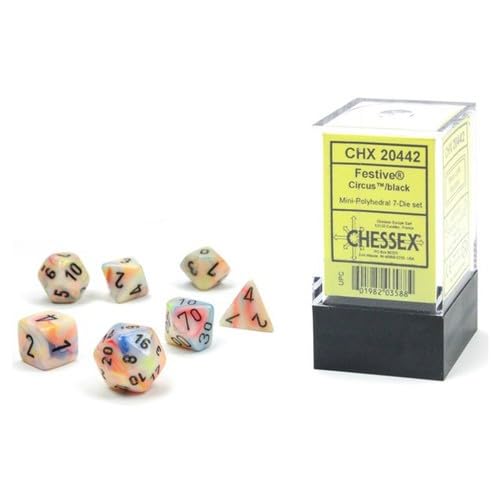 Festive Circus/Black 10mm Polyhedral Dice Set for Dungeons & Dragons, D&D, DND, TTRPG - Includes 7 Dice (D4, D6, D8, D10, D12, D20, D%) - Perfect for RPG Gaming, Tabletop Adventures & Collectors - CHX20442