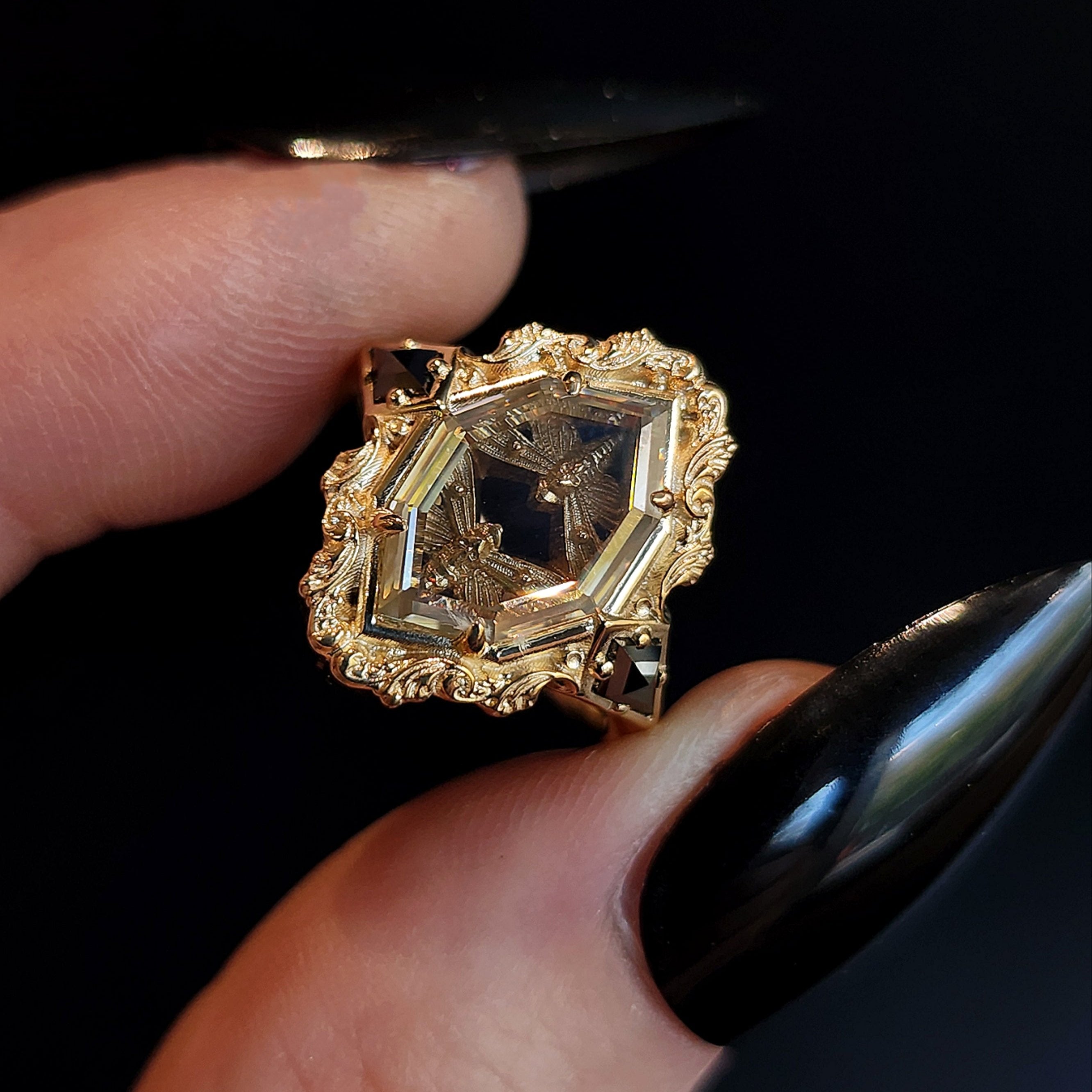 Double Death Head Hawk Moth Shadow Box Ring - 14k Gold Scrolls & Black Diamond Kites - Gothic Jewelry for Men & Women - Perfect for Dark Aesthetic Lovers, Halloween Costumes & Alternative Fashion