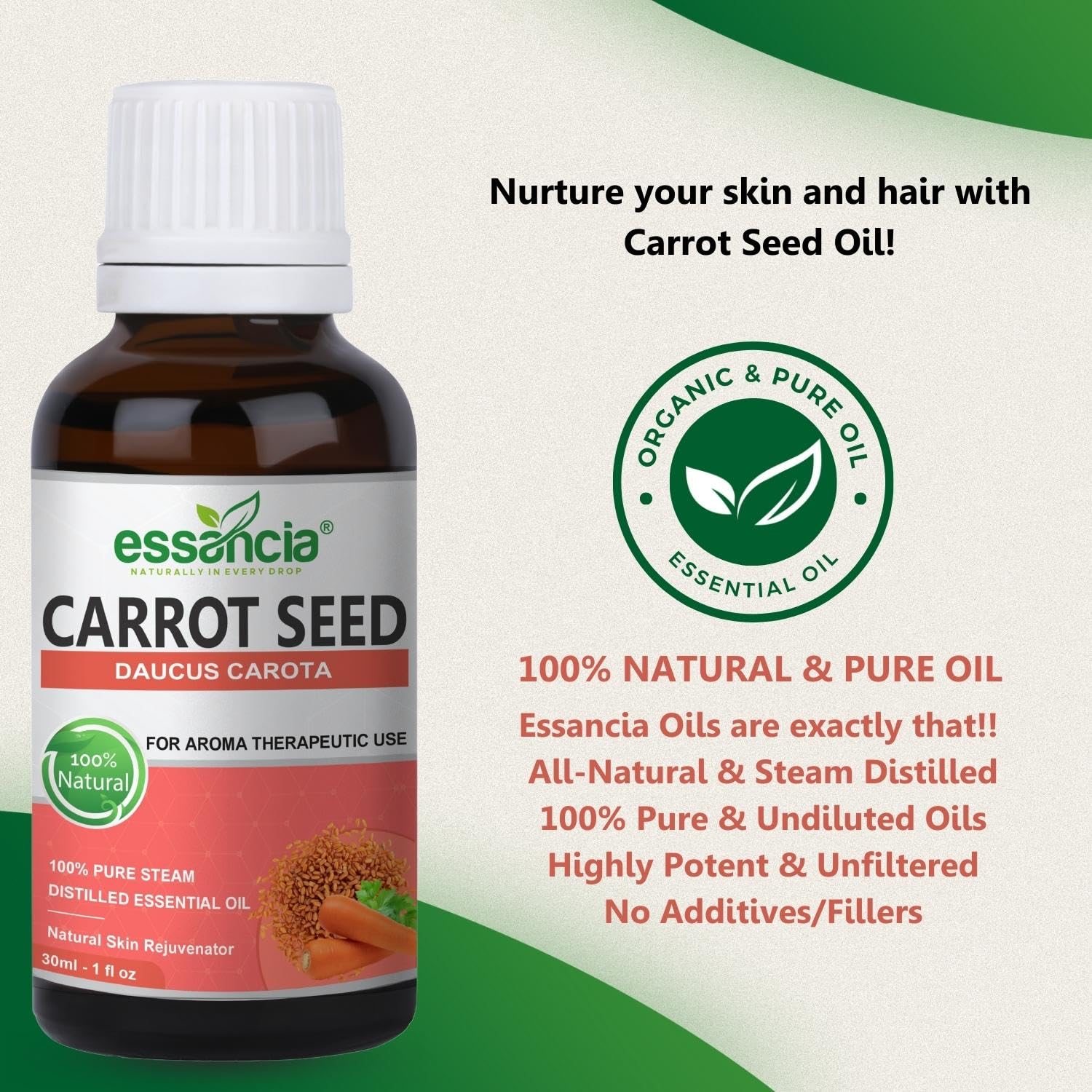 **Essencia 100% Pure Carrot Seed Essential Oil - 30ml, Undiluted & Natural for Skin Nourishment & Hair Care | Therapeutic Grade for Aromatherapy, Massage & DIY Beauty**