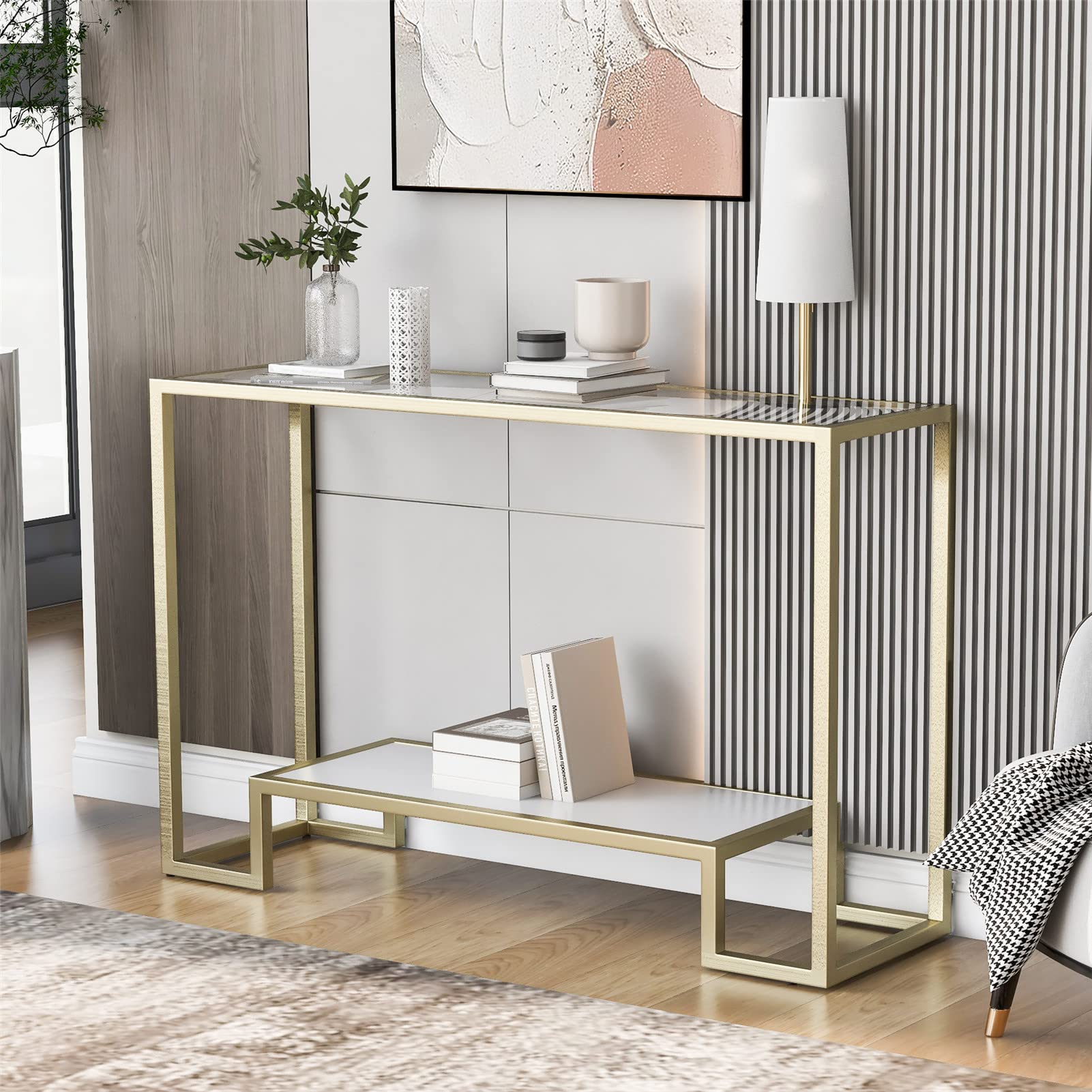 2-Tier Modern Minimalist Side Table - Gold Metal Frame with Stained White Tempered Glass - Perfect for Living Room, Entrance, Home Office & Bedroom - Space-Saving Console Table for Small Spaces