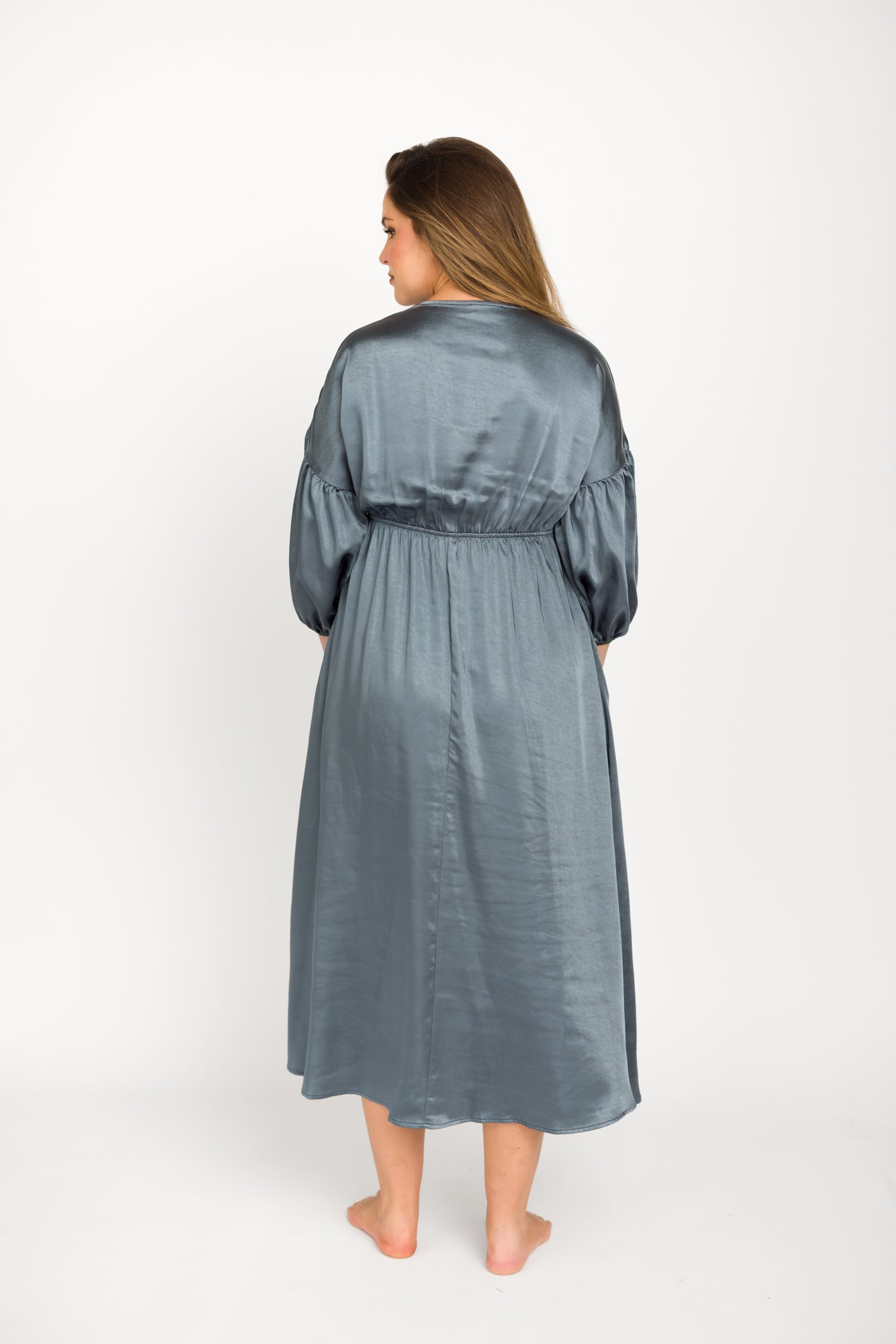 Hunter Premium Satin Midi Dress in Blue Granite - Bump Friendly Maternity Dress for Women | Elegant & Comfortable for Pregnancy, Baby Showers, Weddings & Special Occasions