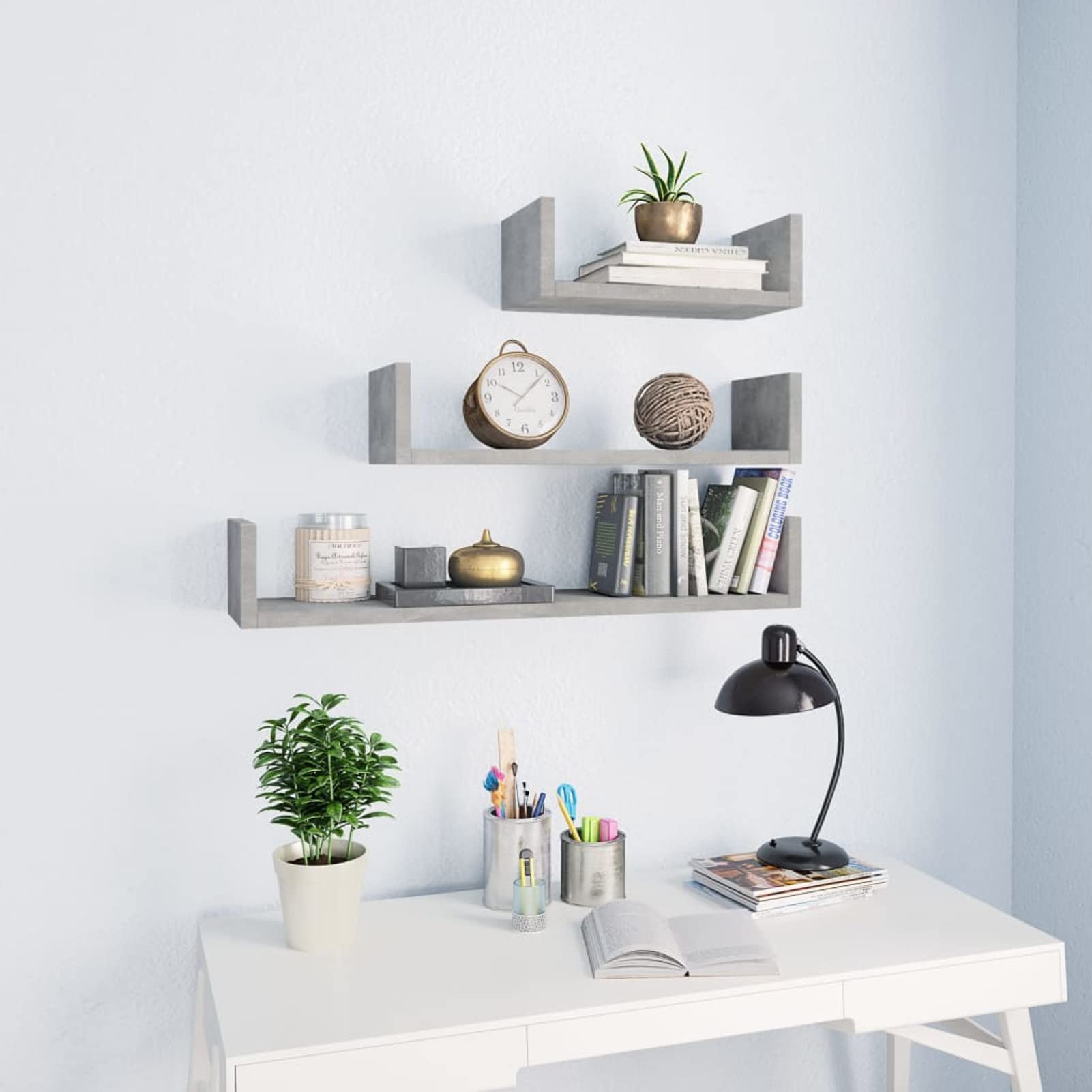 Shubiao Floating Wall Shelves Set of 3 - White Bathroom Shelving & Picture Ledge - Concrete Gray Chipboard - Perfect for Bathroom Storage, Living Room Decor & Bedroom Organization