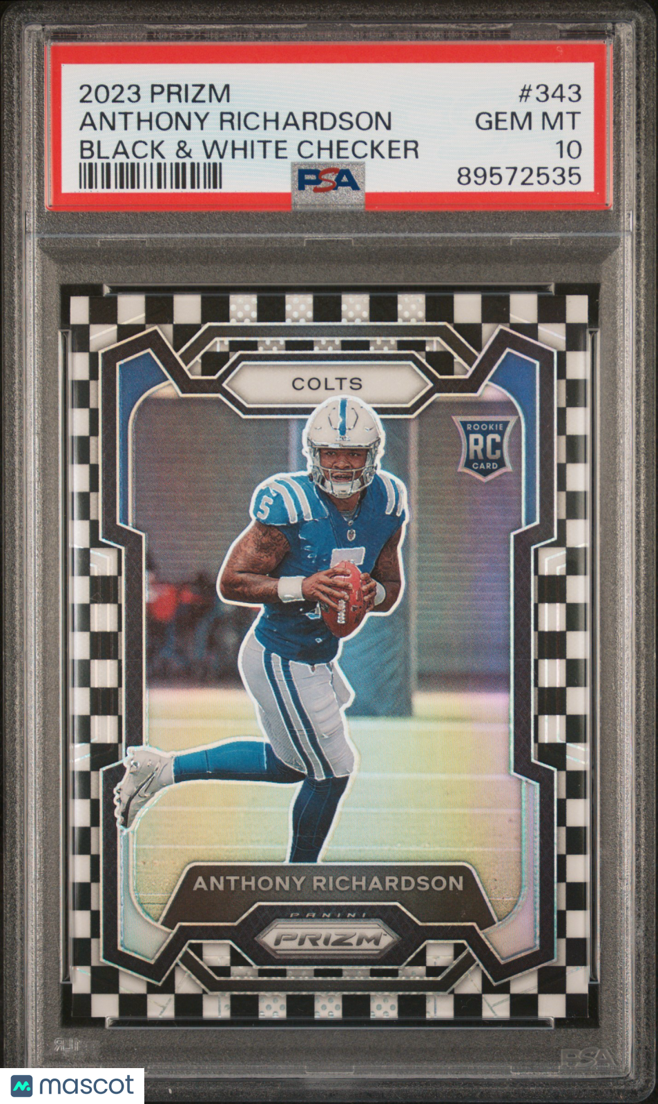 2023 Panini Prizm Anthony Richardson Black & White Checker Rookie Card #343 PSA 10 Gem Mint - Perfect for NFL Collectors, Sports Memorabilia Enthusiasts & Investment-grade Trading Cards