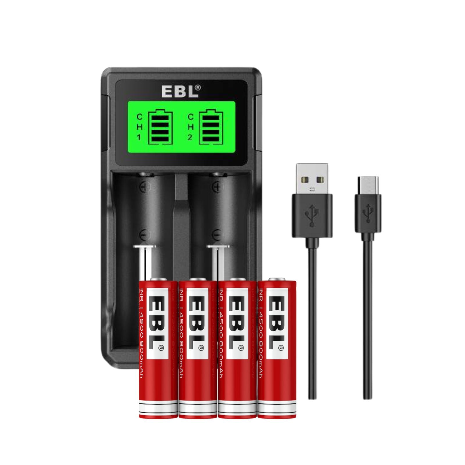 EBL 4-Pack 14500 3.7V 900mAh Rechargeable Li-ion Batteries with Smart Charger - Perfect for Flashlights, Vape Pens & Electronic Devices