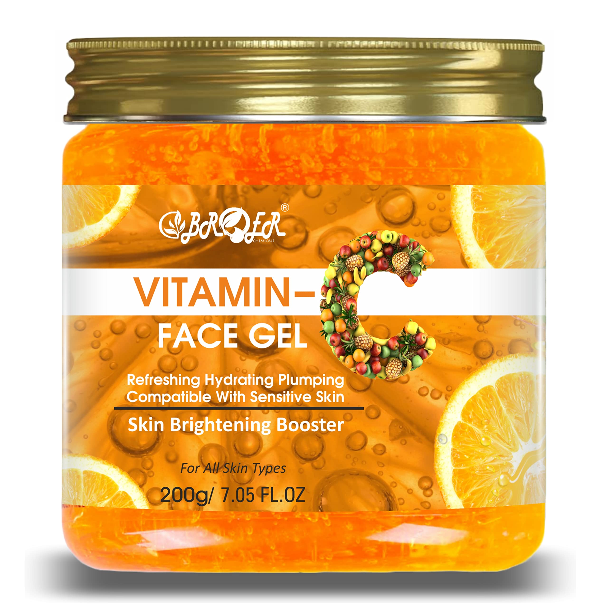 BROER Vitamin C Facial Gel with Aloe Vera & Orange Extract 200g - Hydrating & Brightening for Dry, Dull & Aging Skin - Lightweight & Fast Absorbing - Paraben & Silicone Free - Perfect for Morning Skincare Routine & Under Makeup