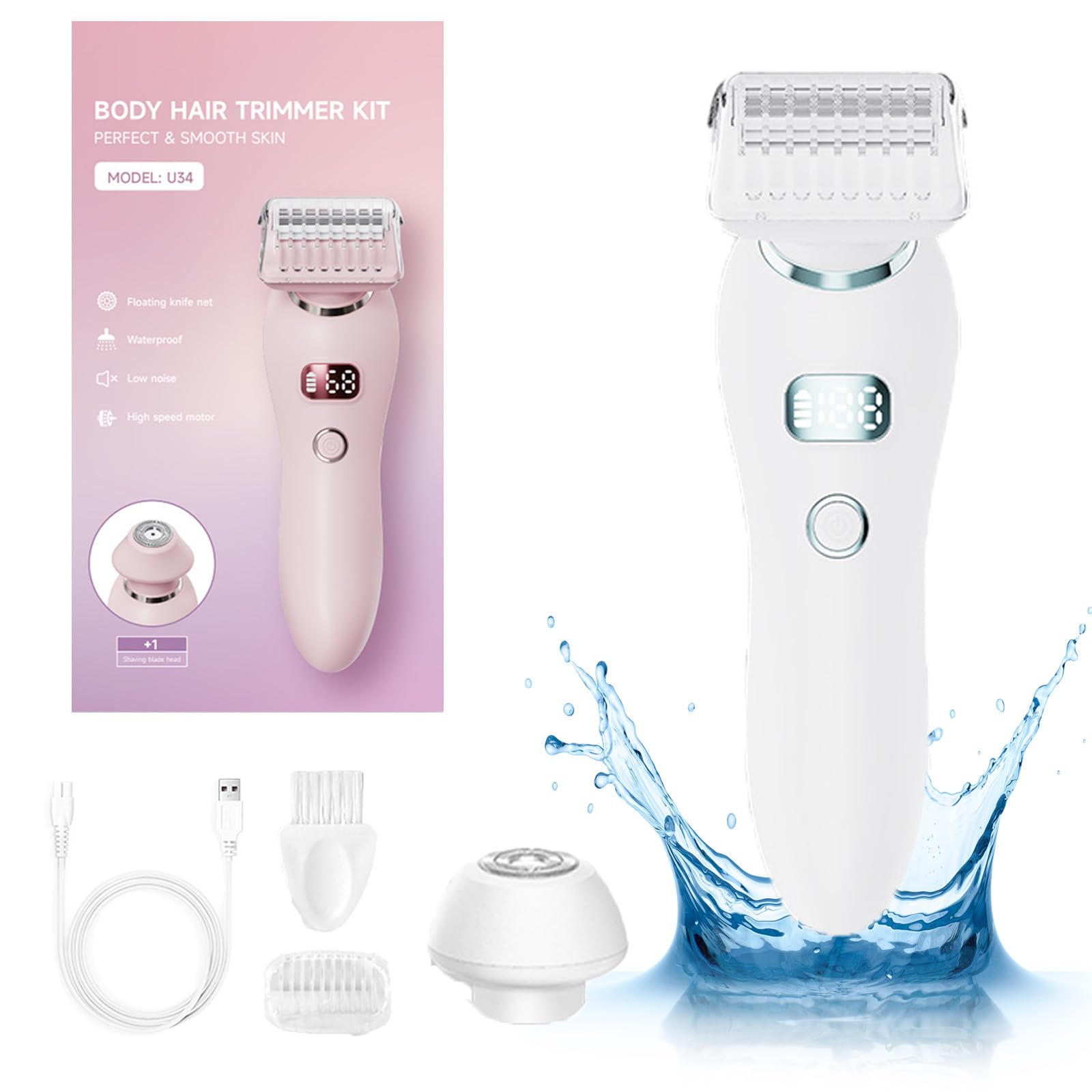 Premium Women's Electric Razor with LED Display - 2-in-1 Wet/Dry Waterproof Shaver for Legs, Arms, Underarms & Bikini Area - USB Rechargeable Cordless Hair Remover (White) | Perfect for Travel, Gym & Home Use