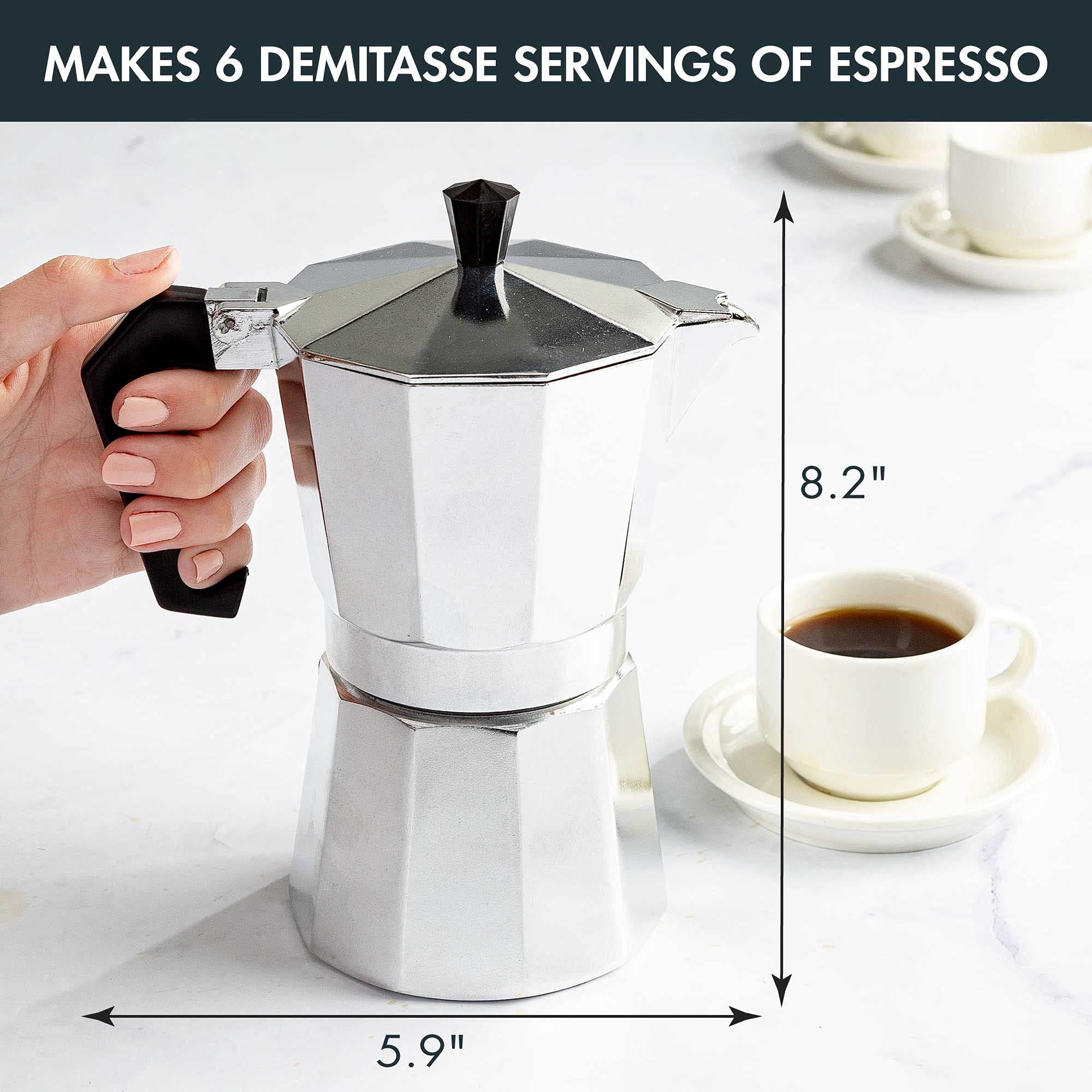 Primaria Stovetop Espresso Maker & Electric Milk Frother Set - 6 Cup Italian Moka Pot for Cuban Coffee, Cafetera - Perfect for Home Brewing, Camping & Gifts (Silver)