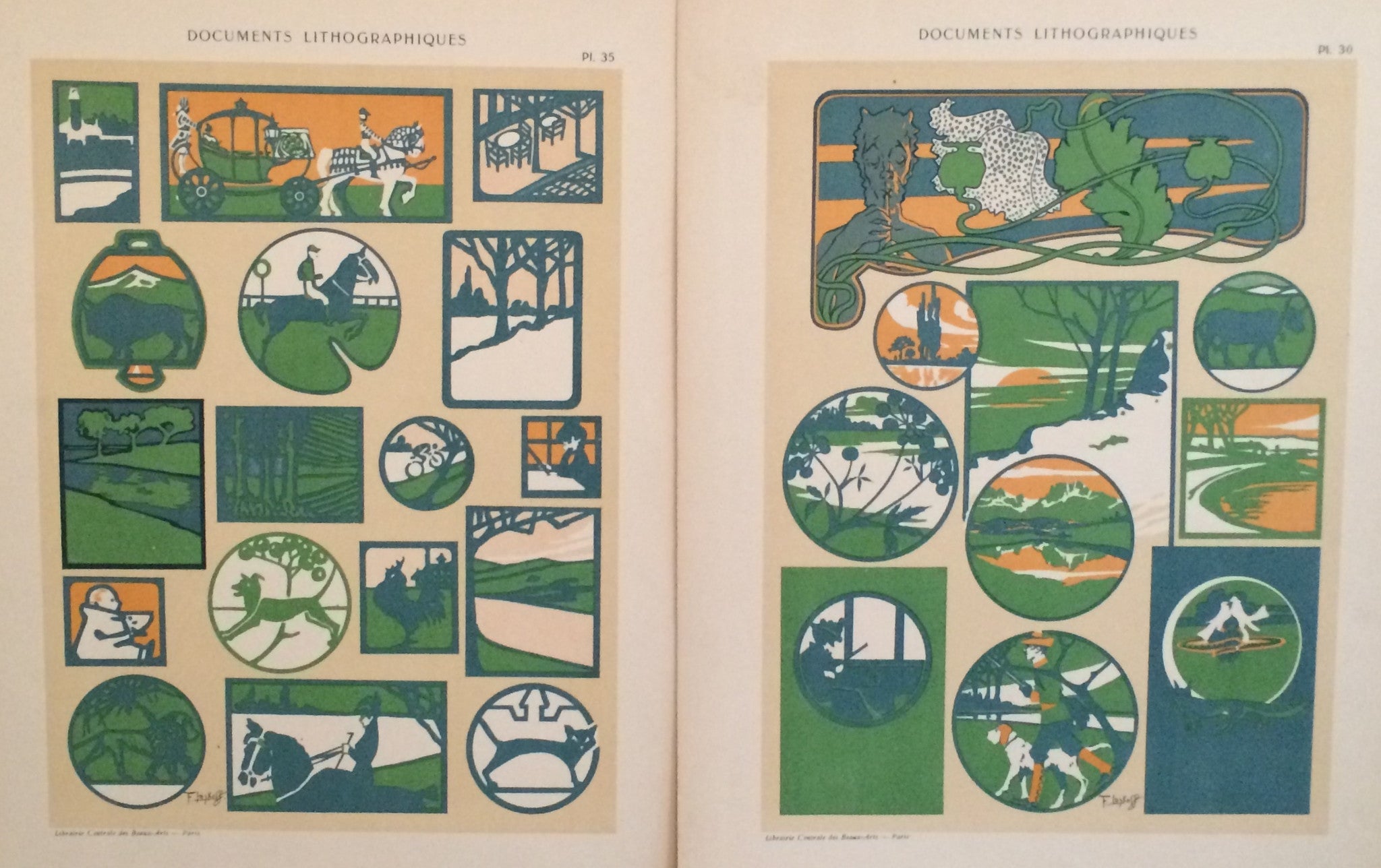 Antique 1900s Belle Epoque Design Sheets - Original Lithographic Plates #30 & #35 - Vintage French Art Nouveau Documents for Home Decor & Framing