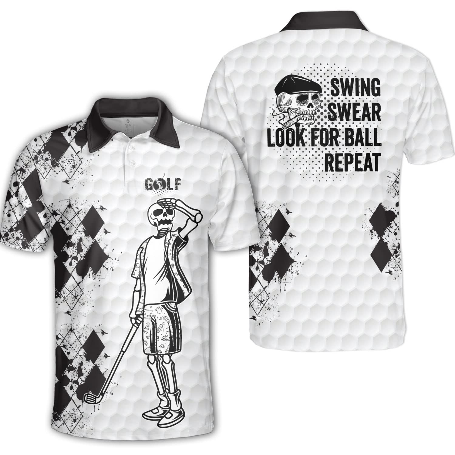 Polomanus Funny Skull Golf Shirts for Men - Moisture Wicking Dry Fit Performance Polo with Swing Swear Repeat Design - Perfect for Golf Courses, Casual Wear & Funny Gift Occasions