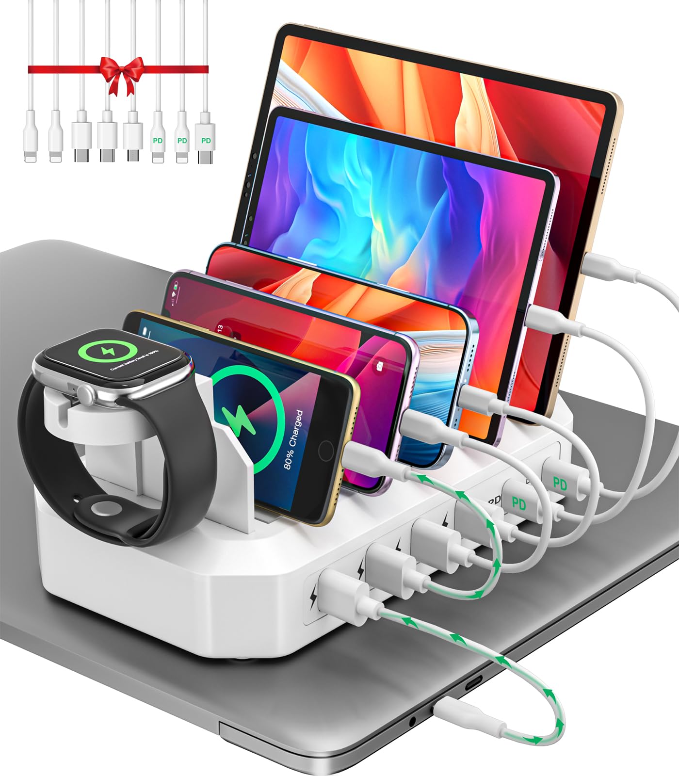 95W 6-in-1 Fast Charging Station with 2 PD Ports & 8 Cables - UL FCC Certified Multi-Device Charger for MacBook, iPhone, Android, iPad, Tablet, Kindle - Perfect for Home, Office, Travel & Nightstand Charging