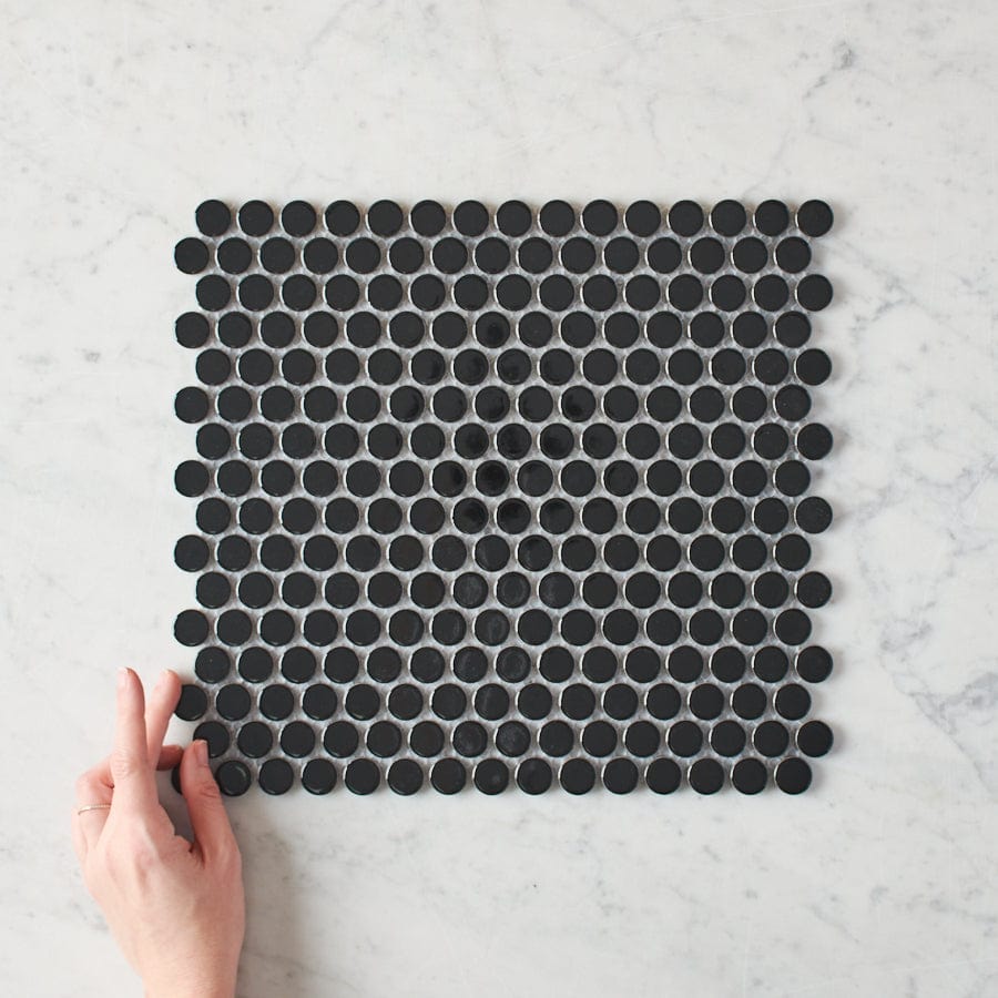 Premium Black Glossy Penny Round Mosaic Tile for Bathroom & Kitchen Backsplash - Waterproof Peel-and-Stick Ceramic Wall Tiles for Shower, Pool, and Home Decor