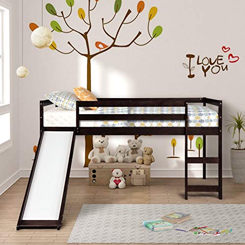 Kids Wooden Loft Bed with Slide & Ladder - Twin Size Low Profile Mini Loft Bed for Small Spaces, No Box Spring Required (Espresso) - Perfect for Kids' Bedrooms, Playrooms & Small Apartments