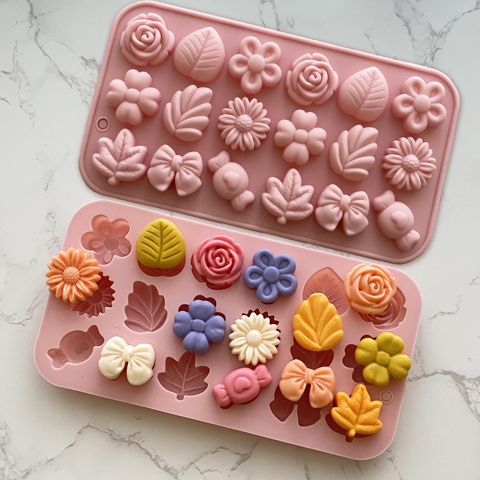 Premium Silicone Flower Candy Molds Set - 2PCS Daisy & Tulip Chocolate Molds, Bow Tie Leaf Jello Molds, Ice Cube Trays for Baking, Desserts, Soap Making - Perfect for DIY Crafts, Party Treats & Home Decor