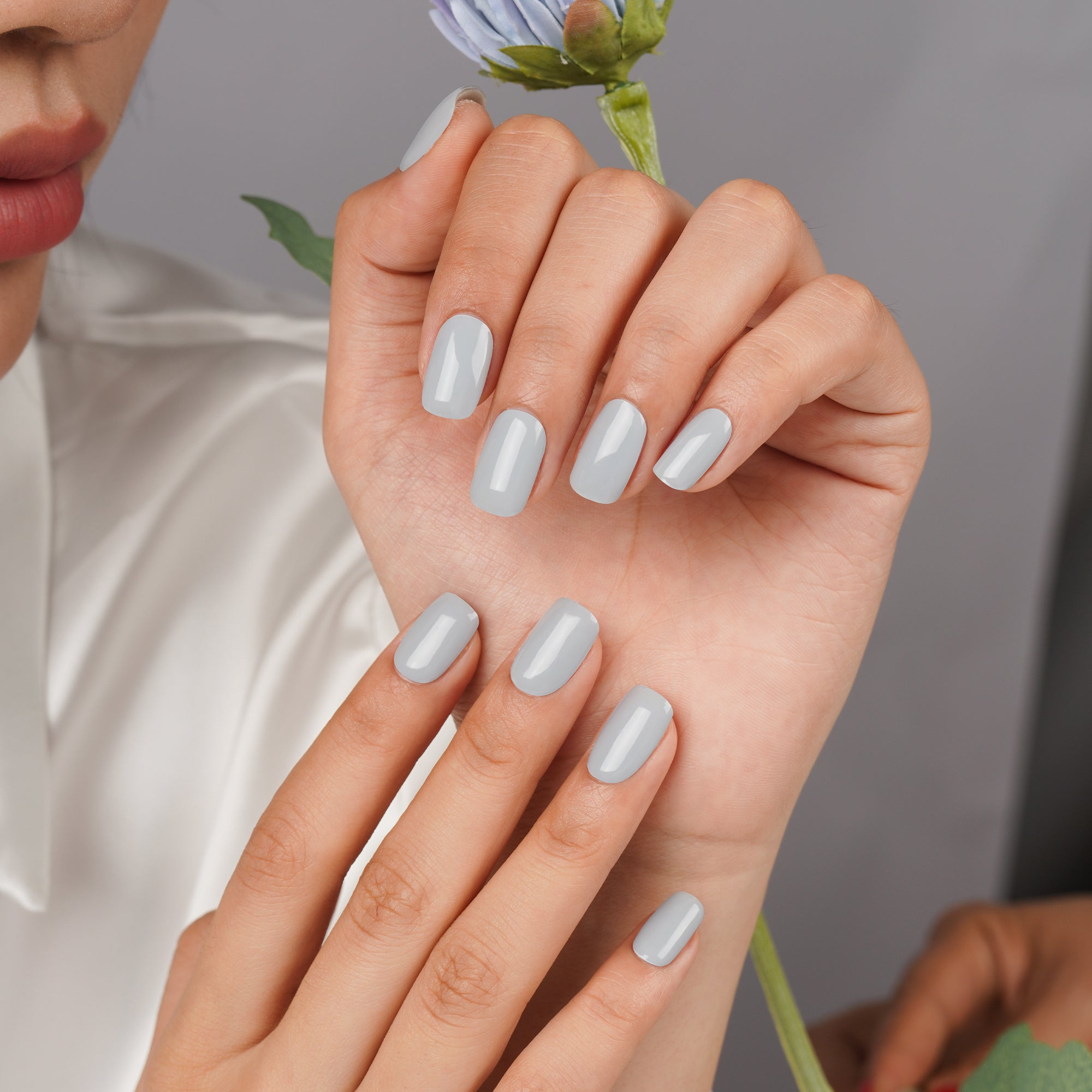 Premium Semi Cured Gel Nail Strips - Sleek Silver Mist & Slate Design | Long-Lasting DIY Manicure Kit for Home, Salon & Special Occasions