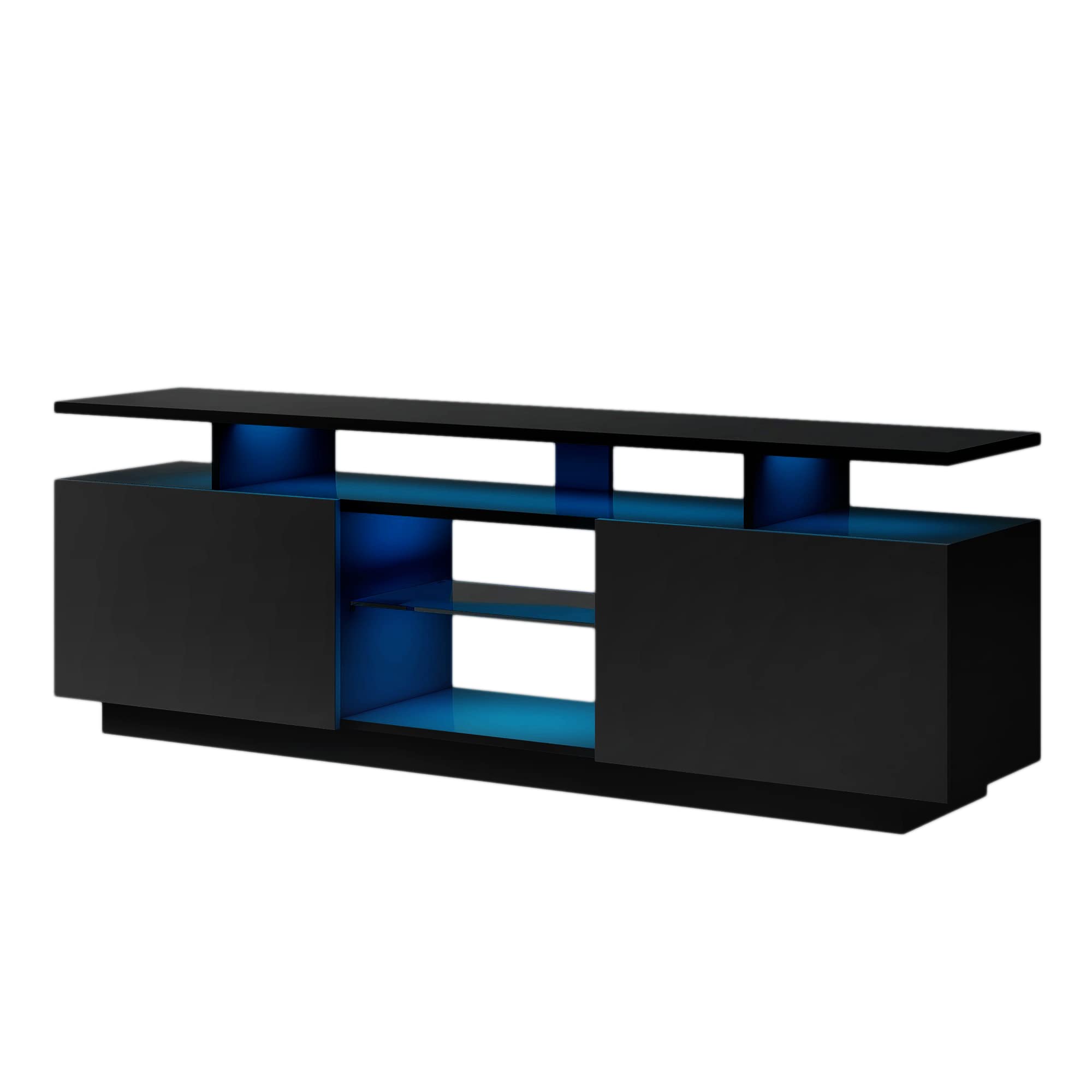 62.9 Inch Modern TV Stand with LED Lights for 65 Inch TVs - 3 Tier High Gloss Media Console with 2 Storage Cabinets & Tempered Glass Shelves - Entertainment Center for Living Room, Bedroom & Home Theater (Black)