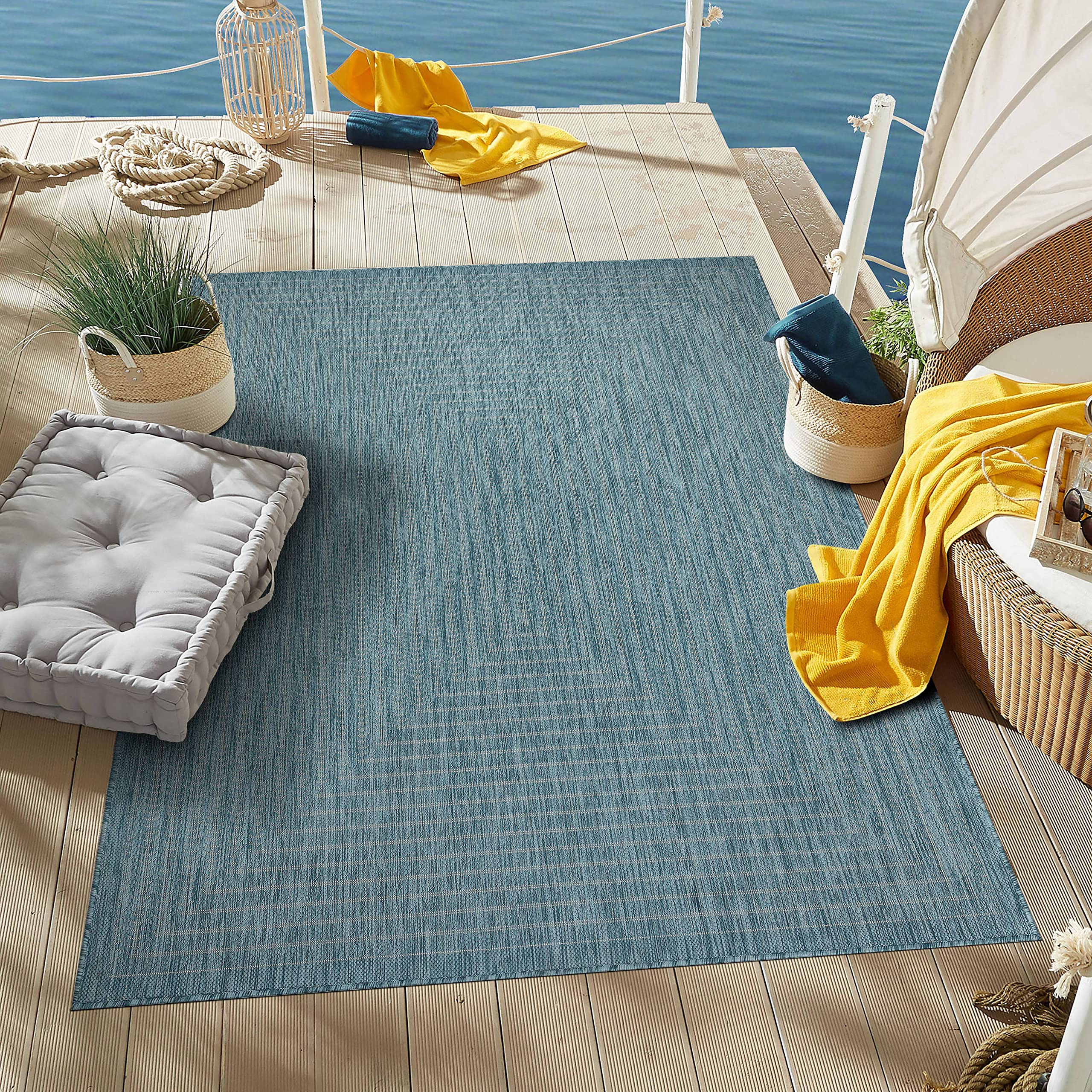 Adiva Rugs 5' x 7' Indoor Outdoor Area Rug - Waterproof, Stain & Weather Resistant, Easy Clean Floor Mat for Dining Room, Backyard, Deck, Patio - Perfect for Outdoor Entertaining & High Traffic Areas (Aqua Weiss)