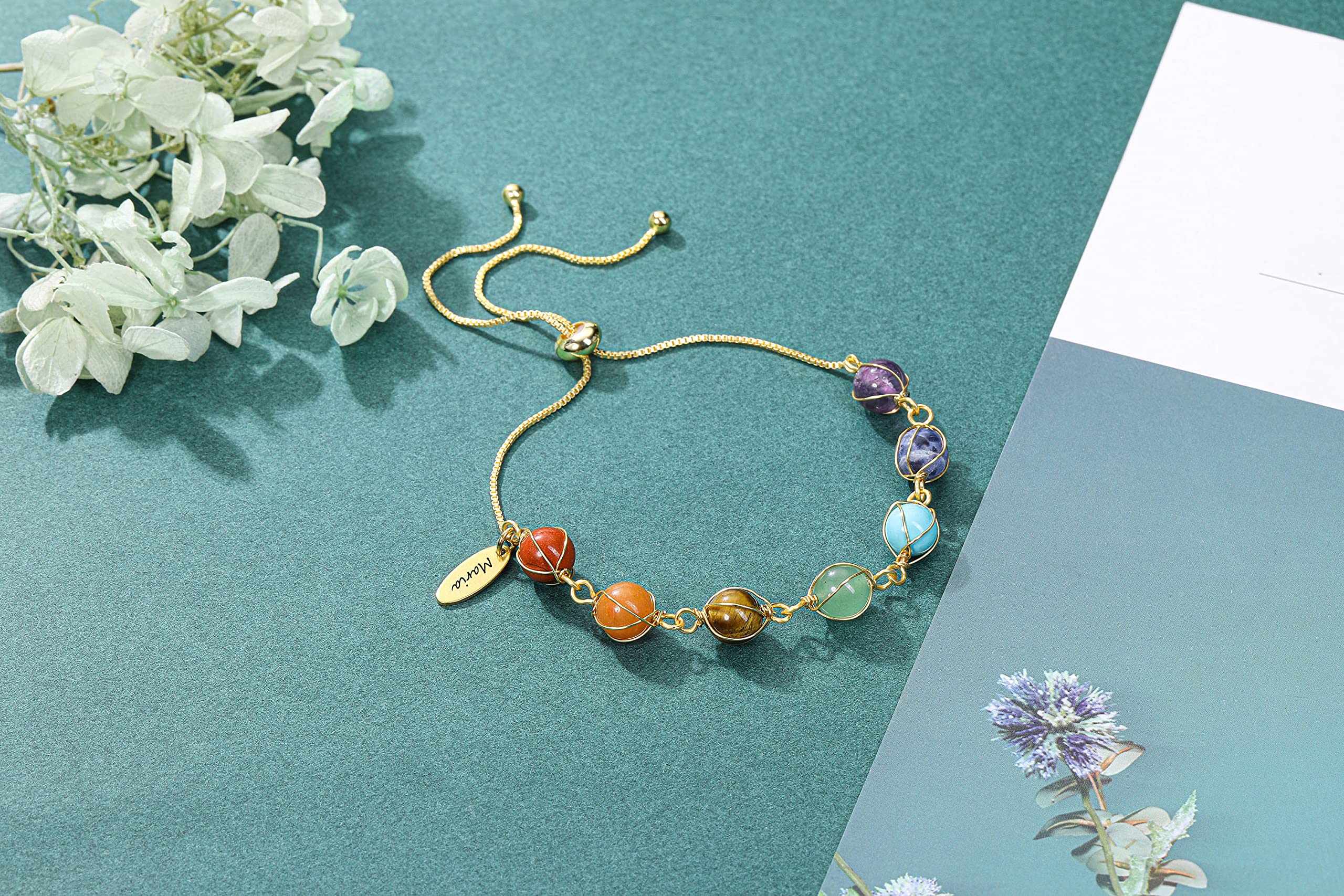 7 Chakra Healing Crystal Stone Bead Adjustable Ankle Bracelet - 14K Gold Plated Spiritual Jewelry for Women | Birthday Gift for Mom, Wife, Sister | Yoga, Meditation & Positive Energy Accessory