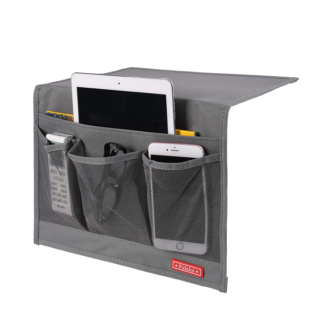 Bedside Caddy Organizer - 4 Pocket Under Mattress Storage Holder for Books, Magazines, Remote & Essentials - Space Saving Grey Bed Organizer - Perfect for Small Apartments, Dorms & Nightstand Organization