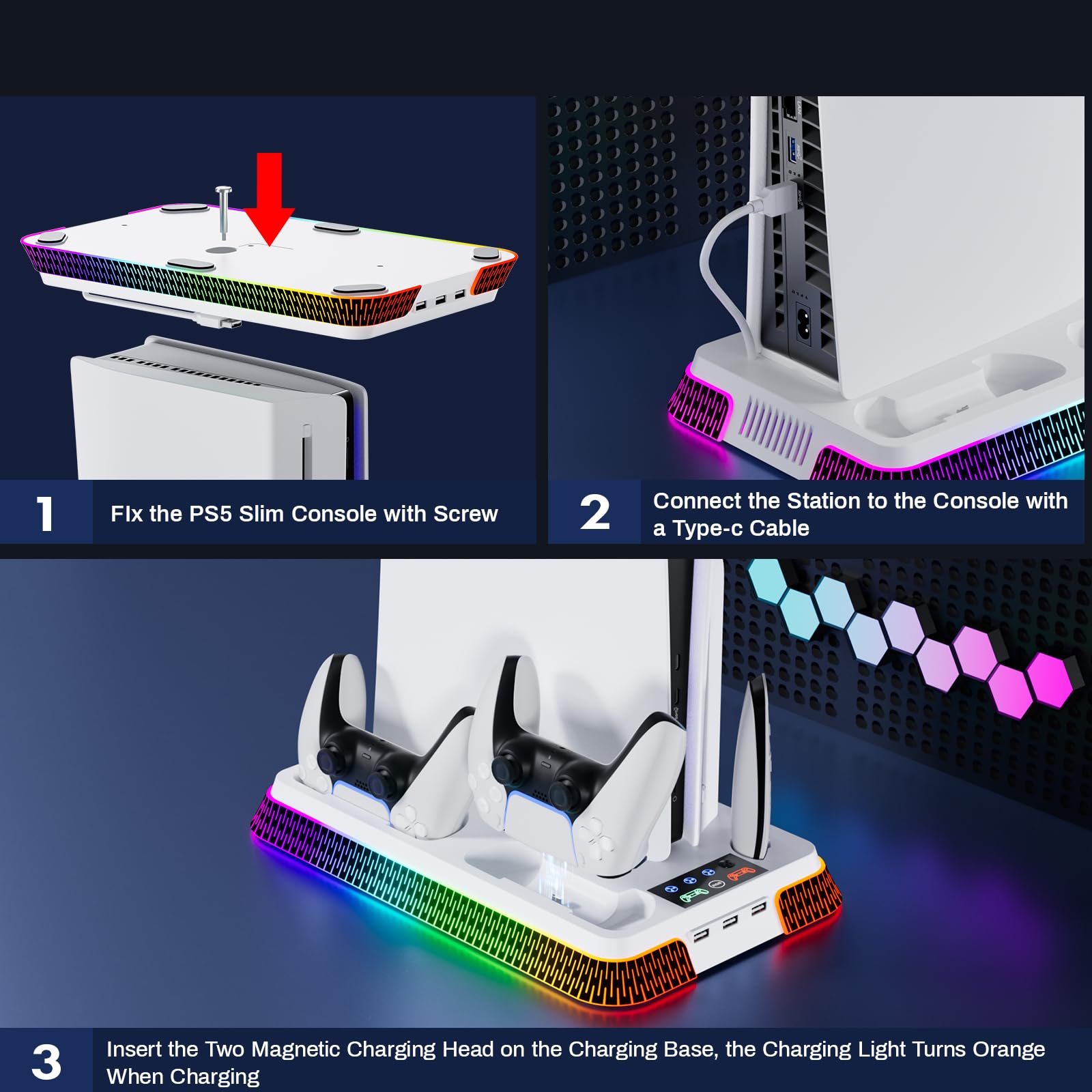 PS5 Cooling Stand with RGB Lights & Turbo Fan - Dual Charging Station & Headset Holder for PlayStation 5 Digital/Disc Edition - Vertical Gaming Stand with 3-Speed Cooling System - Perfect for Long Gaming Sessions & Console Protection