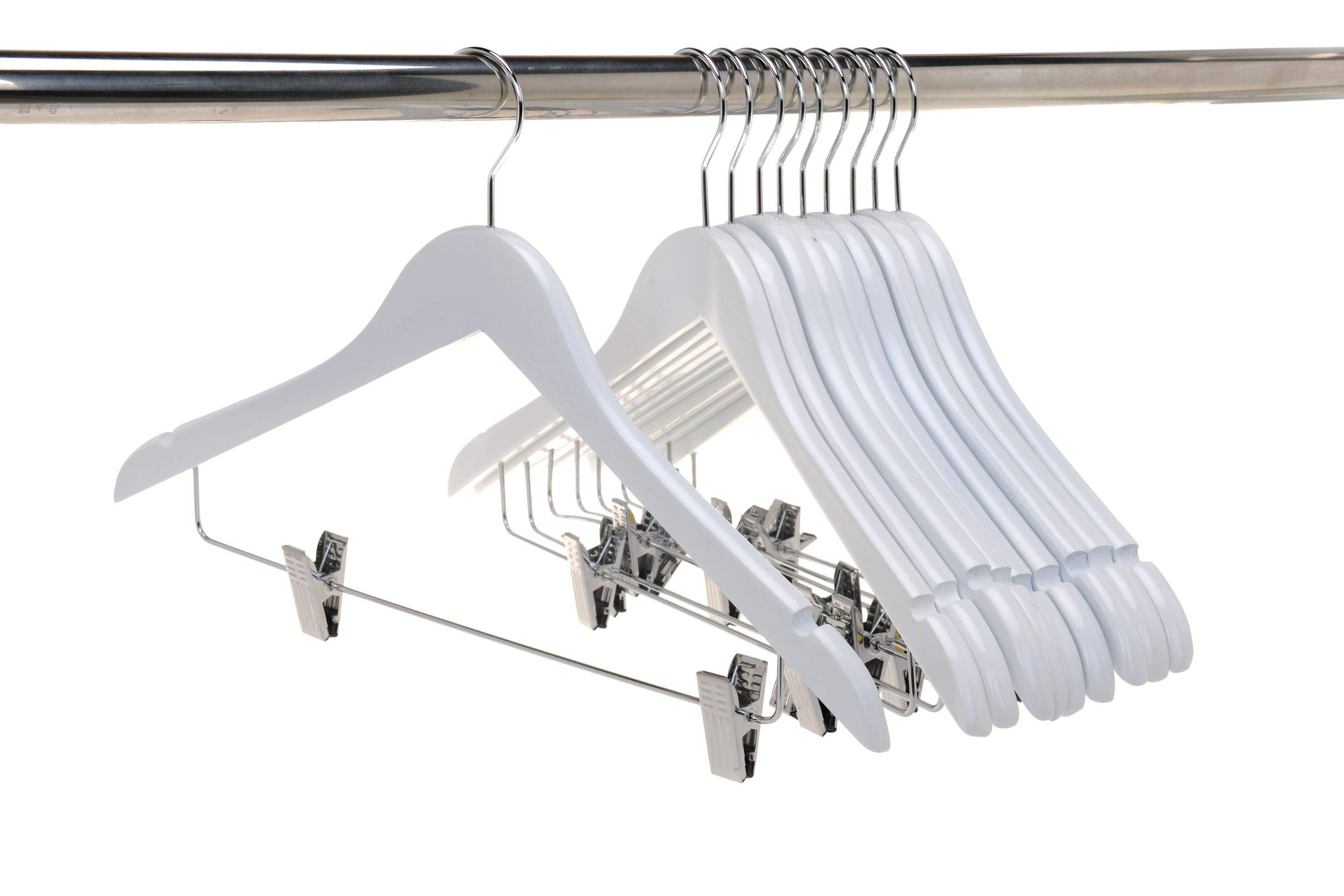 Premium 20-Pack Wooden Skirt Hangers with Adjustable Metal Clips - Semi Curved Smooth Solid Wood Pants Hangers with Swivel Hook for Coats, Jackets, Blouses & Suits (White) - Perfect for Closet Organization, Retail Stores & Dry Cleaning Businesses