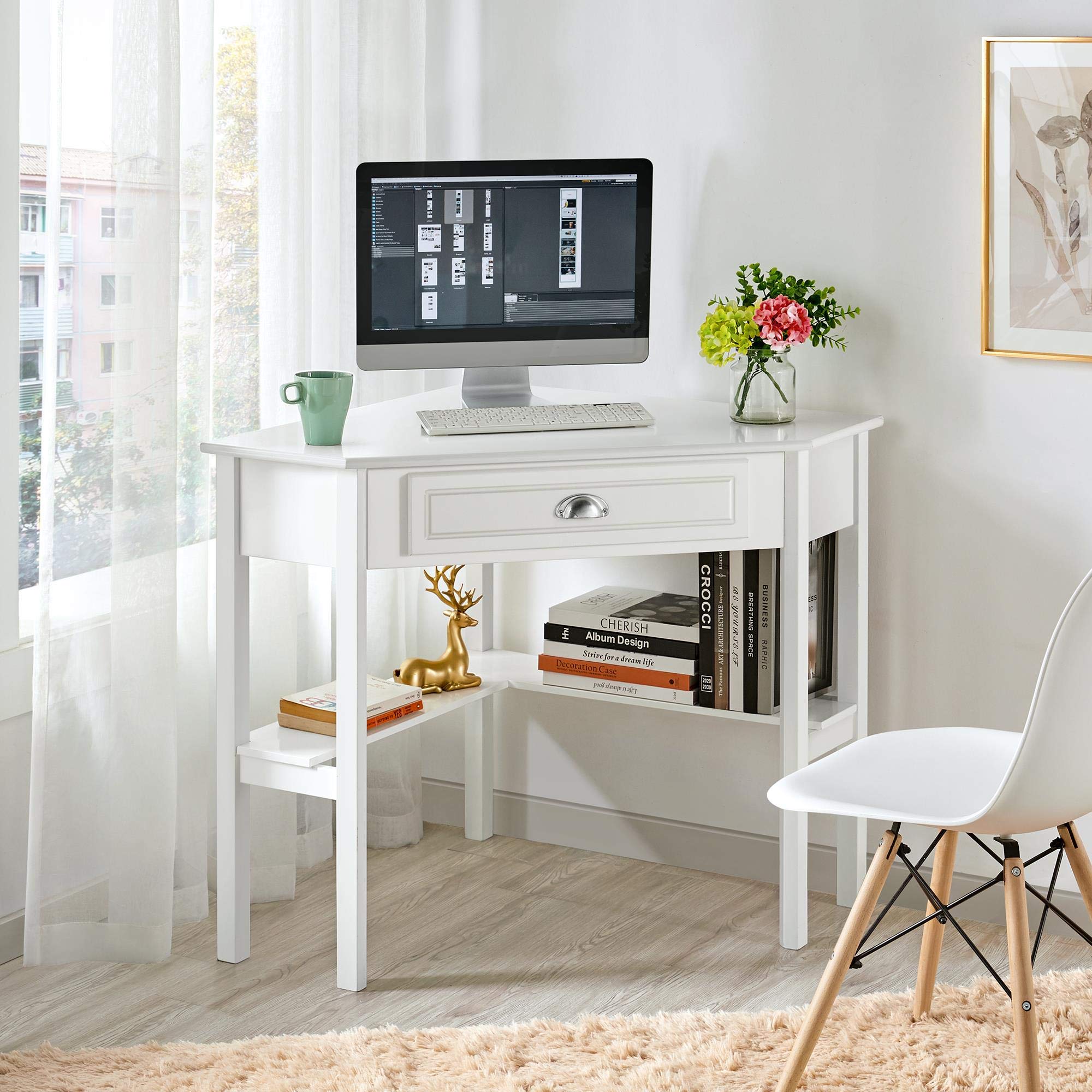 Topeakmart White Home Office Computer Desk with Shelves & Drawers - Ergonomic Corner Laptop Desk for Small Spaces, Perfect for Remote Work, Online Classes & Gaming Setup