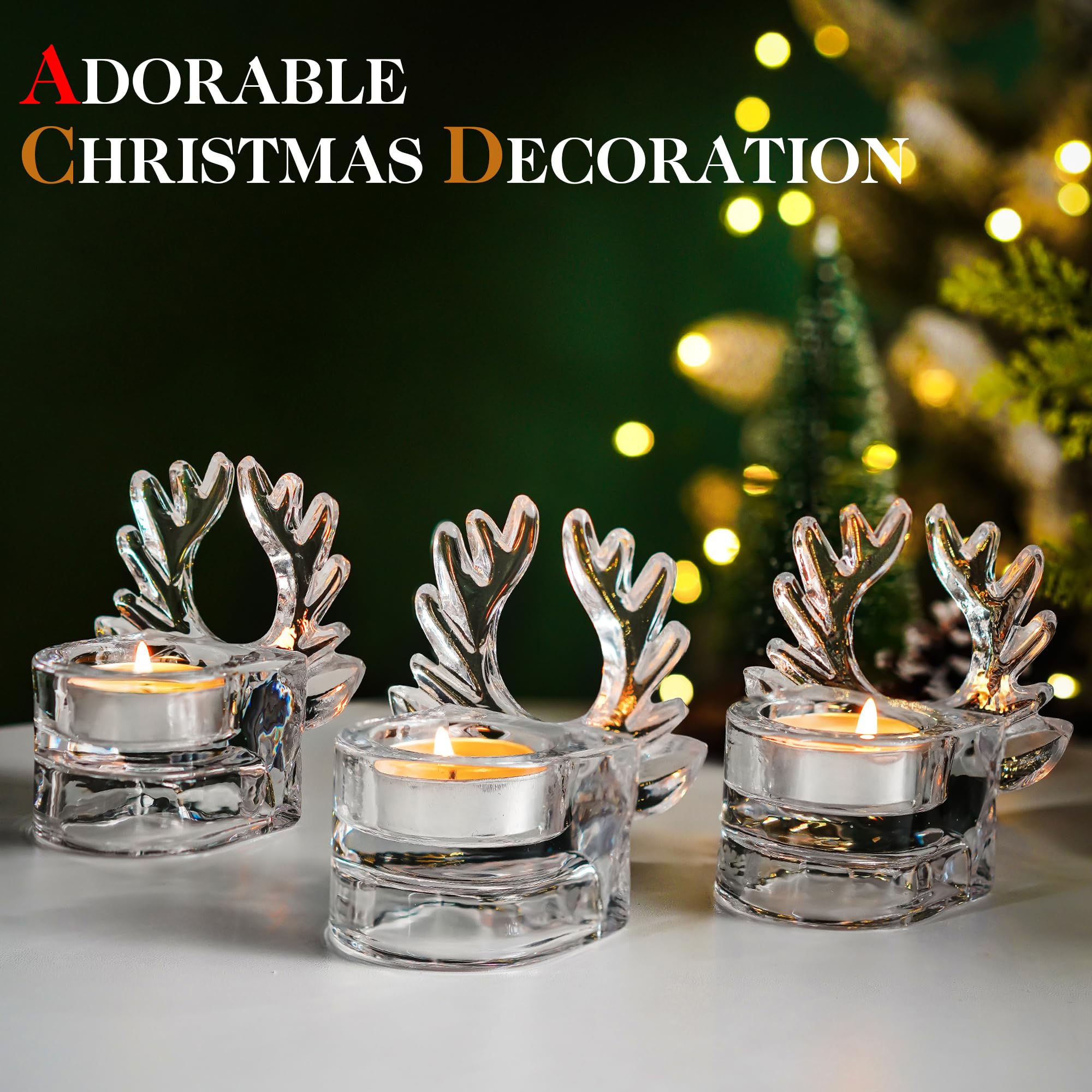 H&D HYALINE & DORA Clear Glass Christmas Reindeer Candle Holder Set of 3 - Tealight & Votive Holders for Holiday Decor, Table Centerpiece, Winter Wedding, Christmas Party & Cozy Home Ambiance